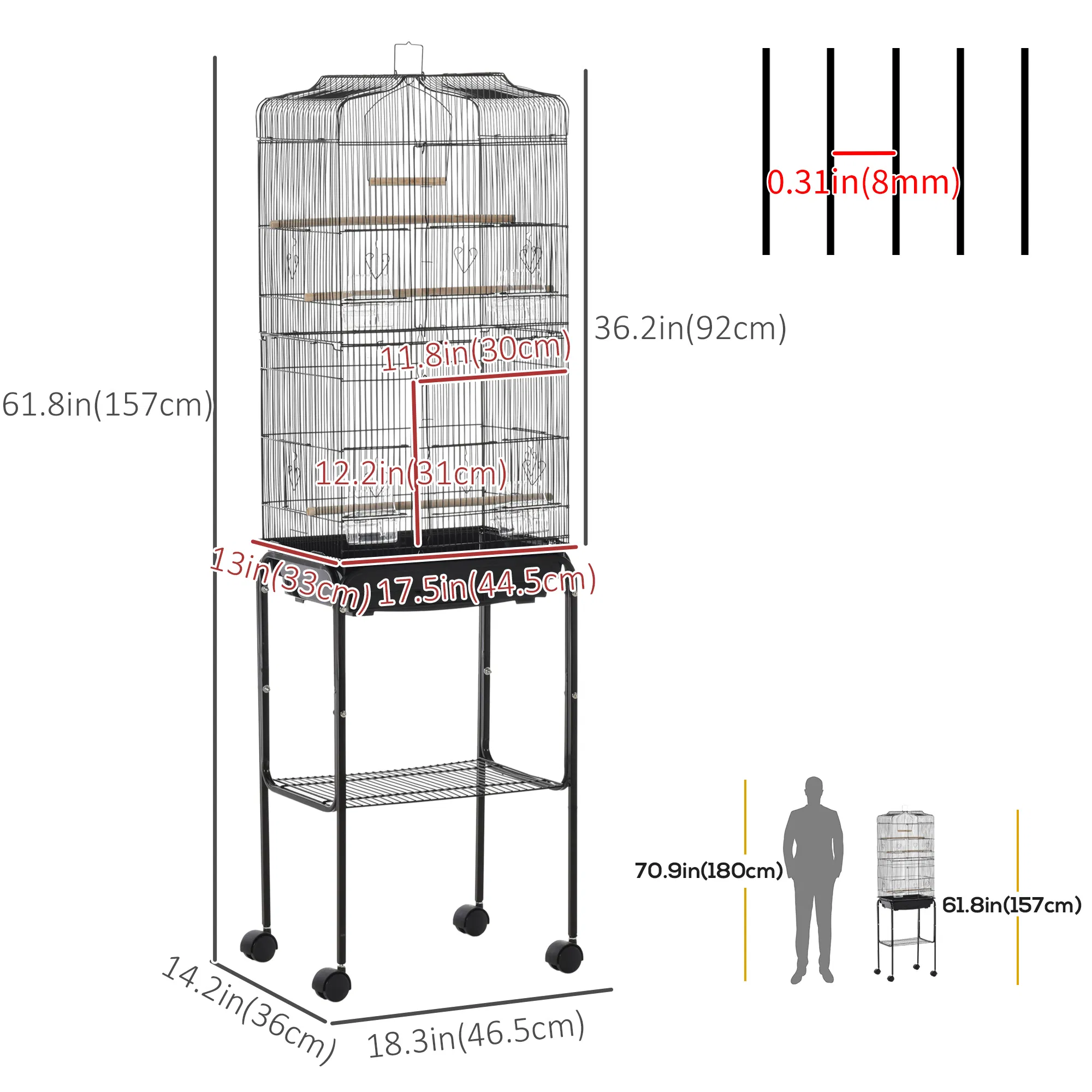 62" Rolling Bird Cage Cockatoo House Play Top Finch Pet Supply with Storage Shelf, Wheels - Black photo 4