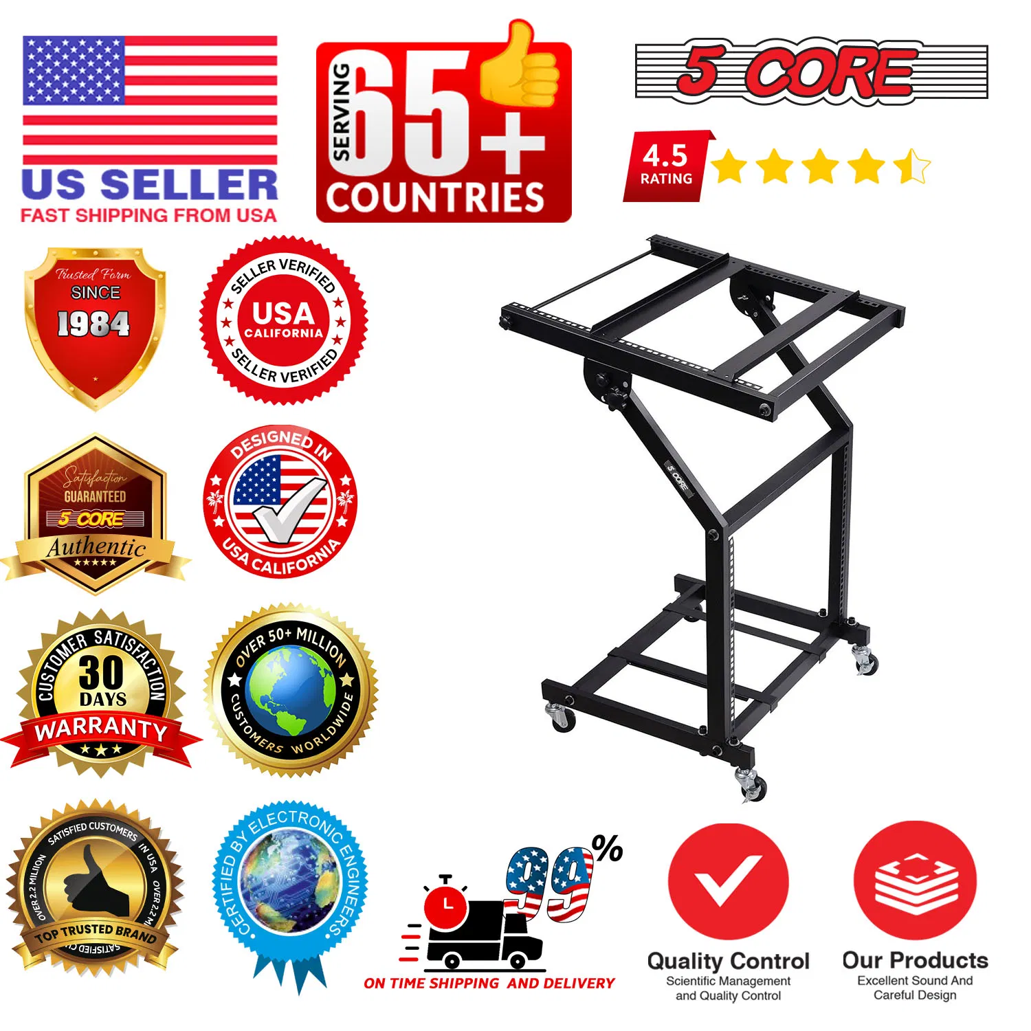 5 Core DJ Mixer Stand 9U/12U/16U Adjustable Rack Mount Rolling Stage Cart Pro Audio Studio Equipment for Homes Offices Stage Music Studios w Wheels photo 3