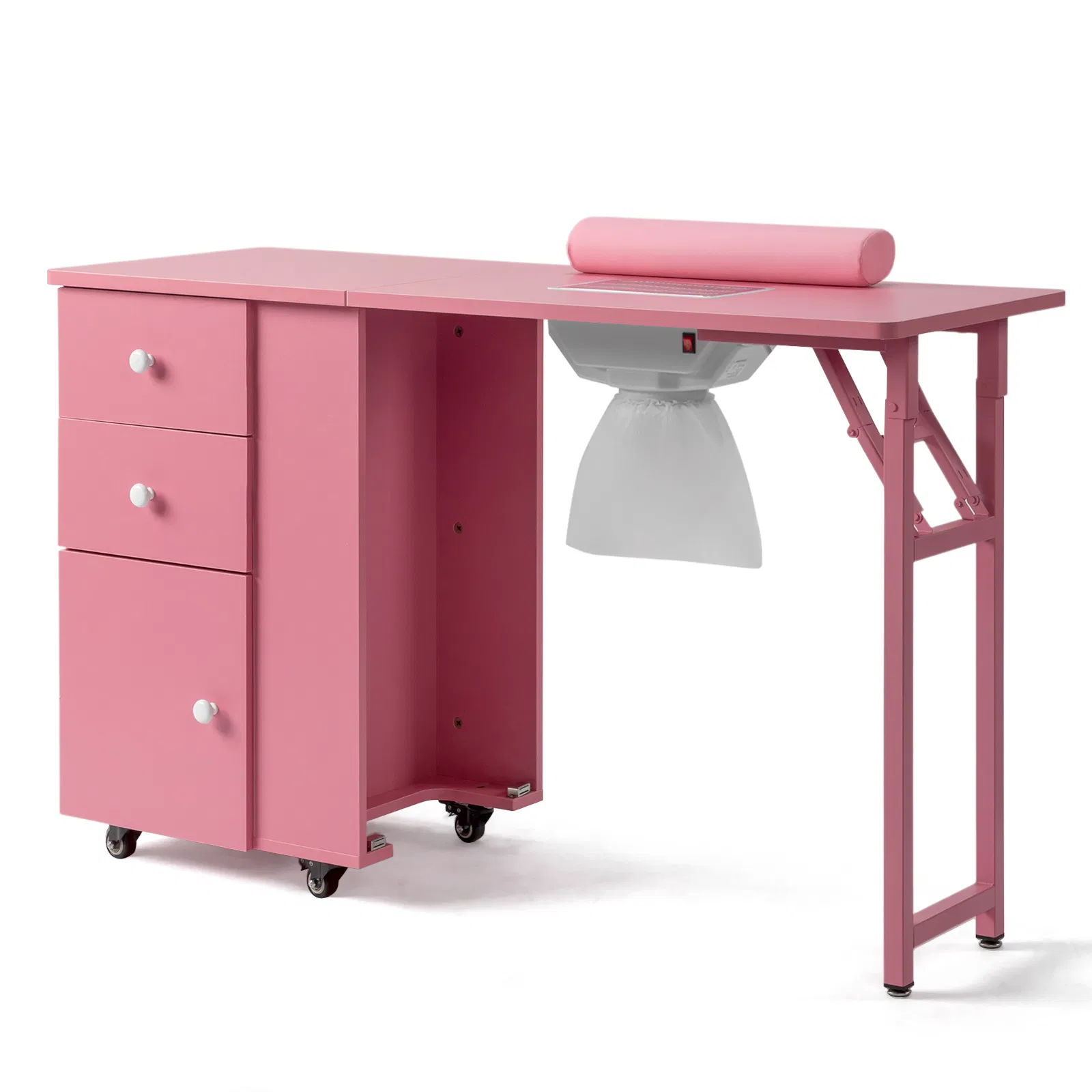 Nail Desk Folding Table, Pink MDF Manicure Station w/ 2 Drawers & 1 Door Cabinet for Nail Art Salon Home Beauty photo 3