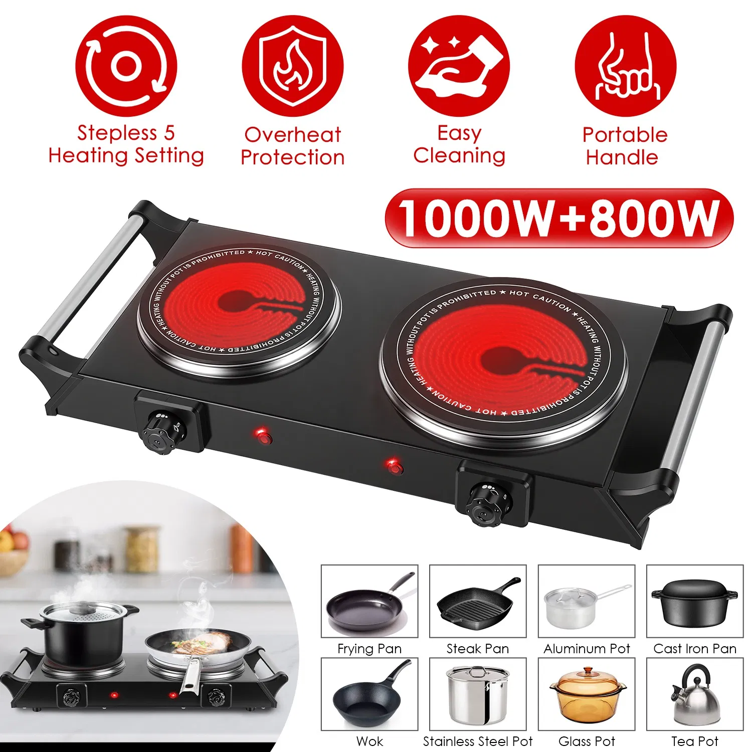 Dual Hot Plate Electric Cooktop - 800W+1000W Power, 6.3in+7.5in Silicon Crystal Glass Plates, 5 Stepless Heating Gears, Thermostat Control & Easy Cleaning, Portable for Dorms/RVs/Camping photo 5