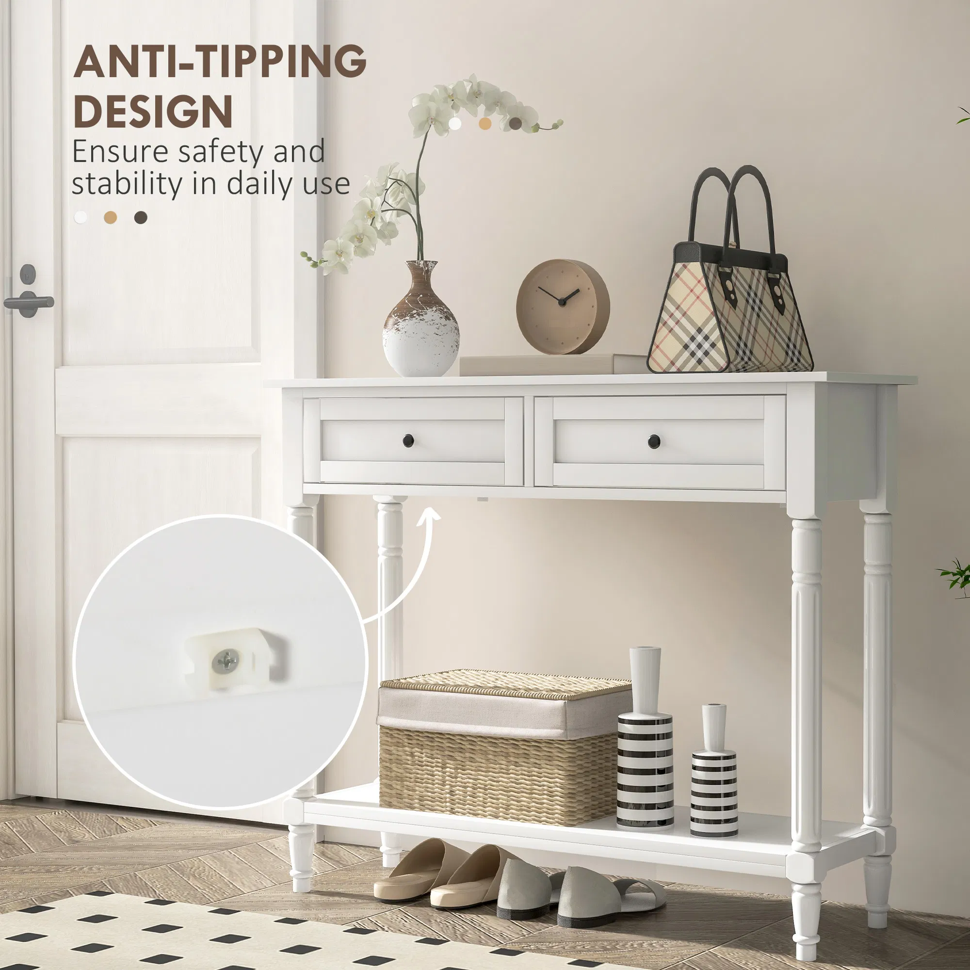 Hallway Console Table, Modern Entryway Table with 2 Drawers, Storage Shelf, Turned Legs for Living Room, Bedroom, White photo 6