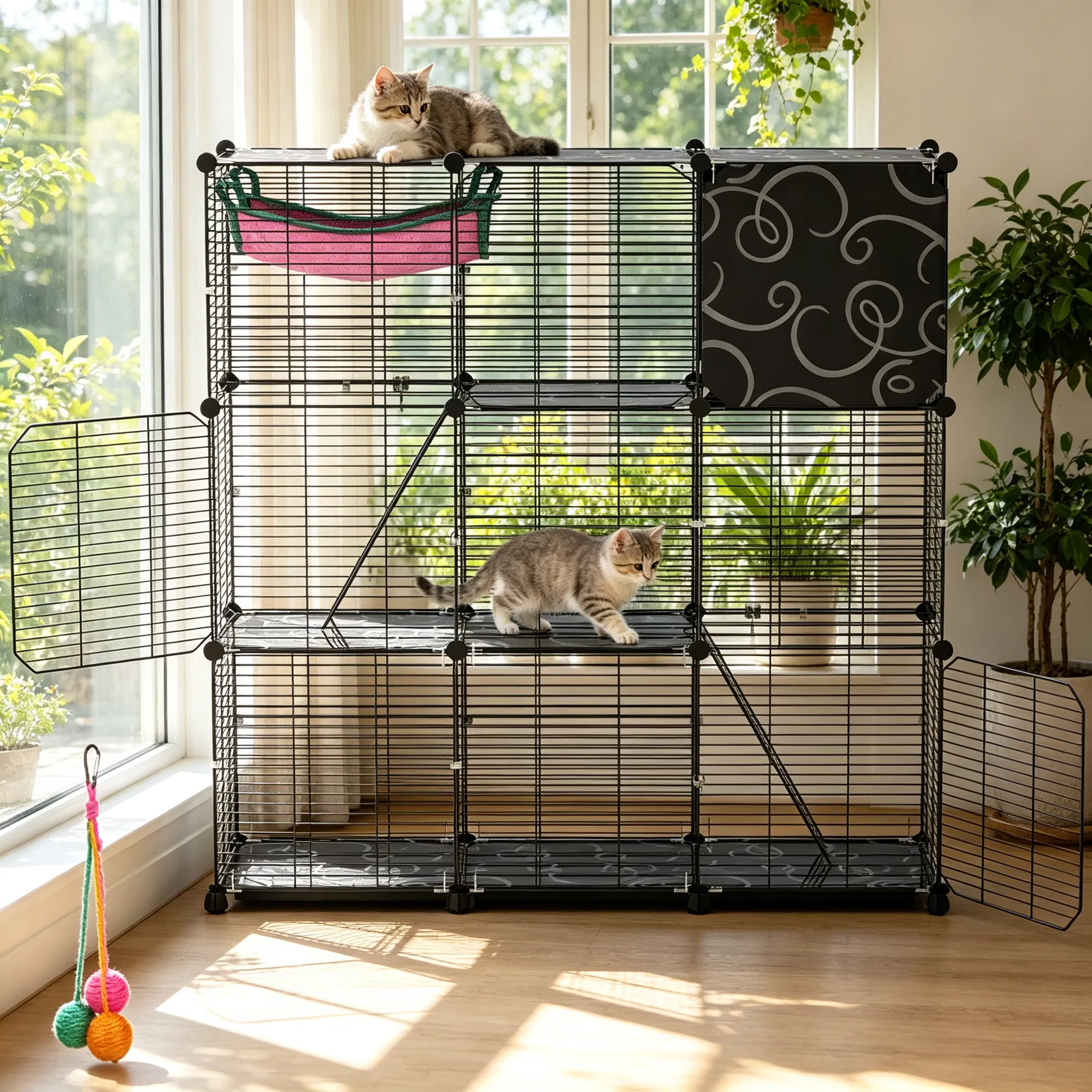 3-Level Metal Cat Cage Enclosure, Modular Pet Habitat with 3 Doors, 2 Ladders, Plush Hammock and Toy Ball for Small Indoor Animals photo 5