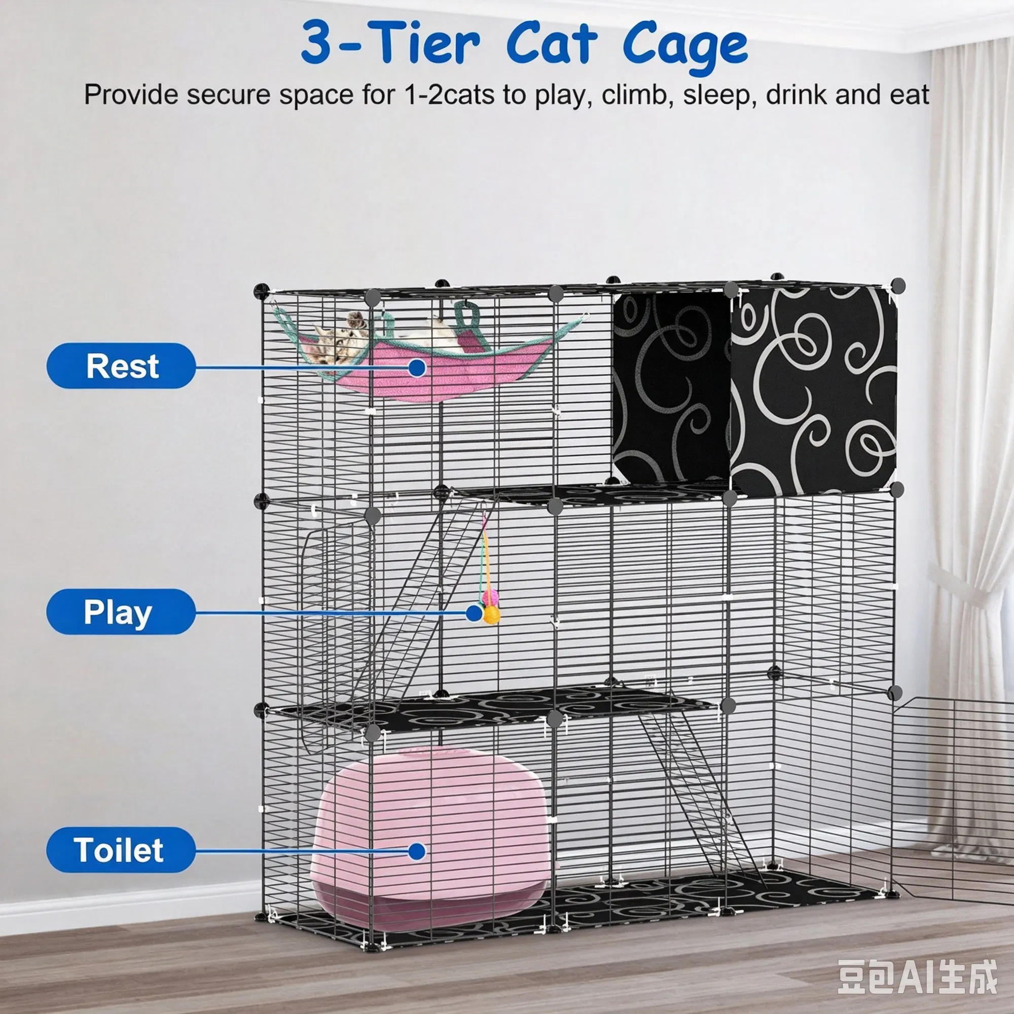 3-Level Metal Cat Cage Enclosure, Modular Pet Habitat with 3 Doors, 2 Ladders, Plush Hammock and Toy Ball for Small Indoor Animals photo 4