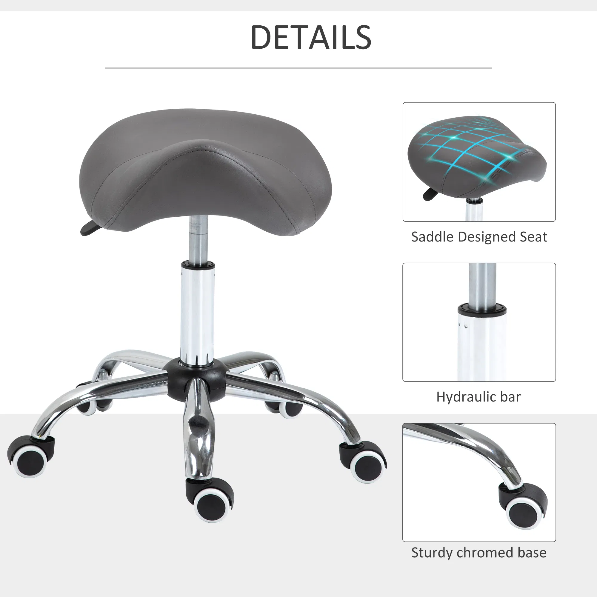 Saddle Stool Adjustable Hydraulic Rolling Beauty Salon Stool Ergonomic PU Leather Stool Round Grey photo 6