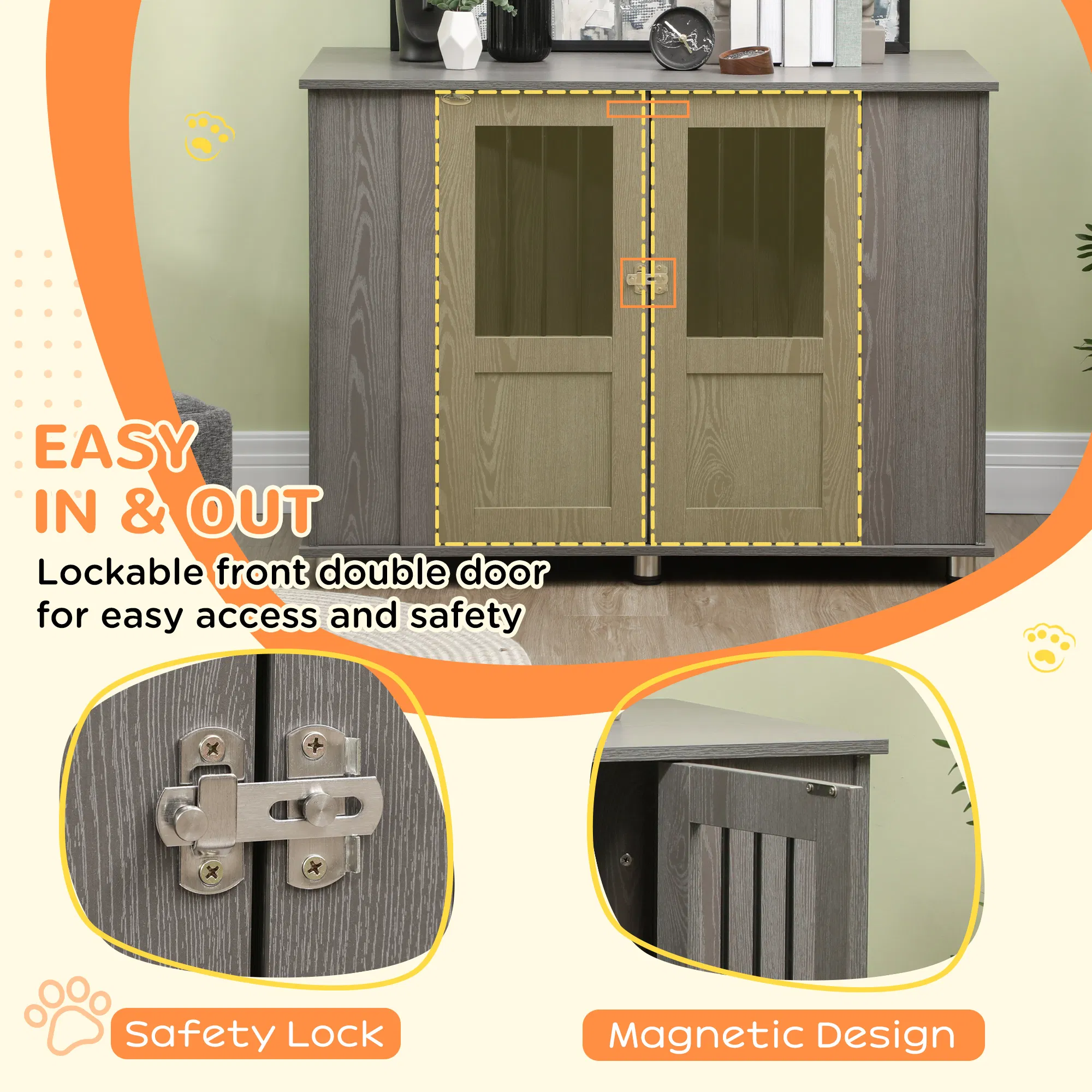Dog Crate Furniture with Lockable Magnetic Door, Adjustable feet for Extra Large, Medium & Small Dogs, Indoor Use, Grey photo 3