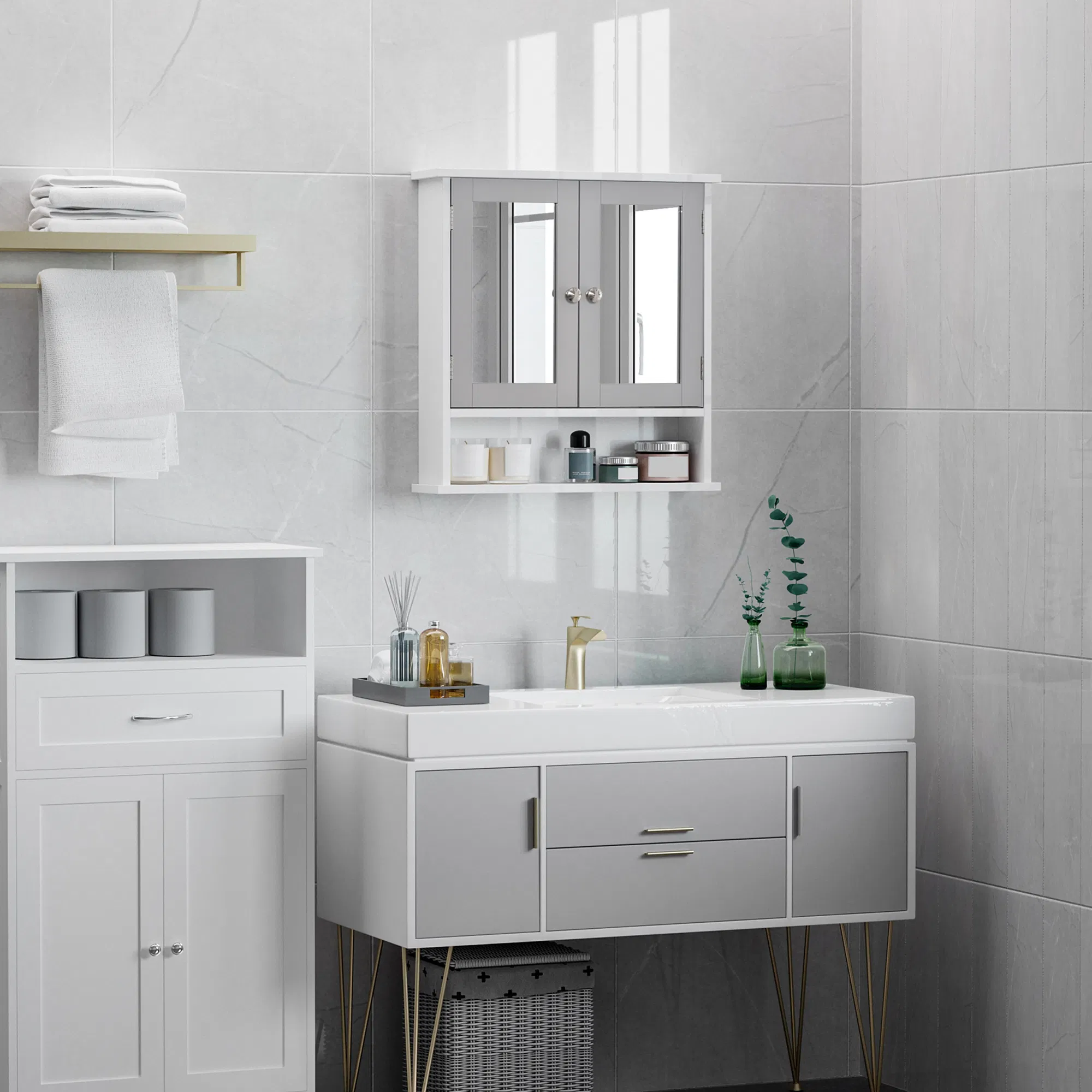 Medicine Cabinet, Wall-Mounted Bathroom Mirror Cabinet with Double Doors, Open Shelf, and Adjustable Shelf, Modern Bathroom Wall Cabinet, White and Grey photo 4