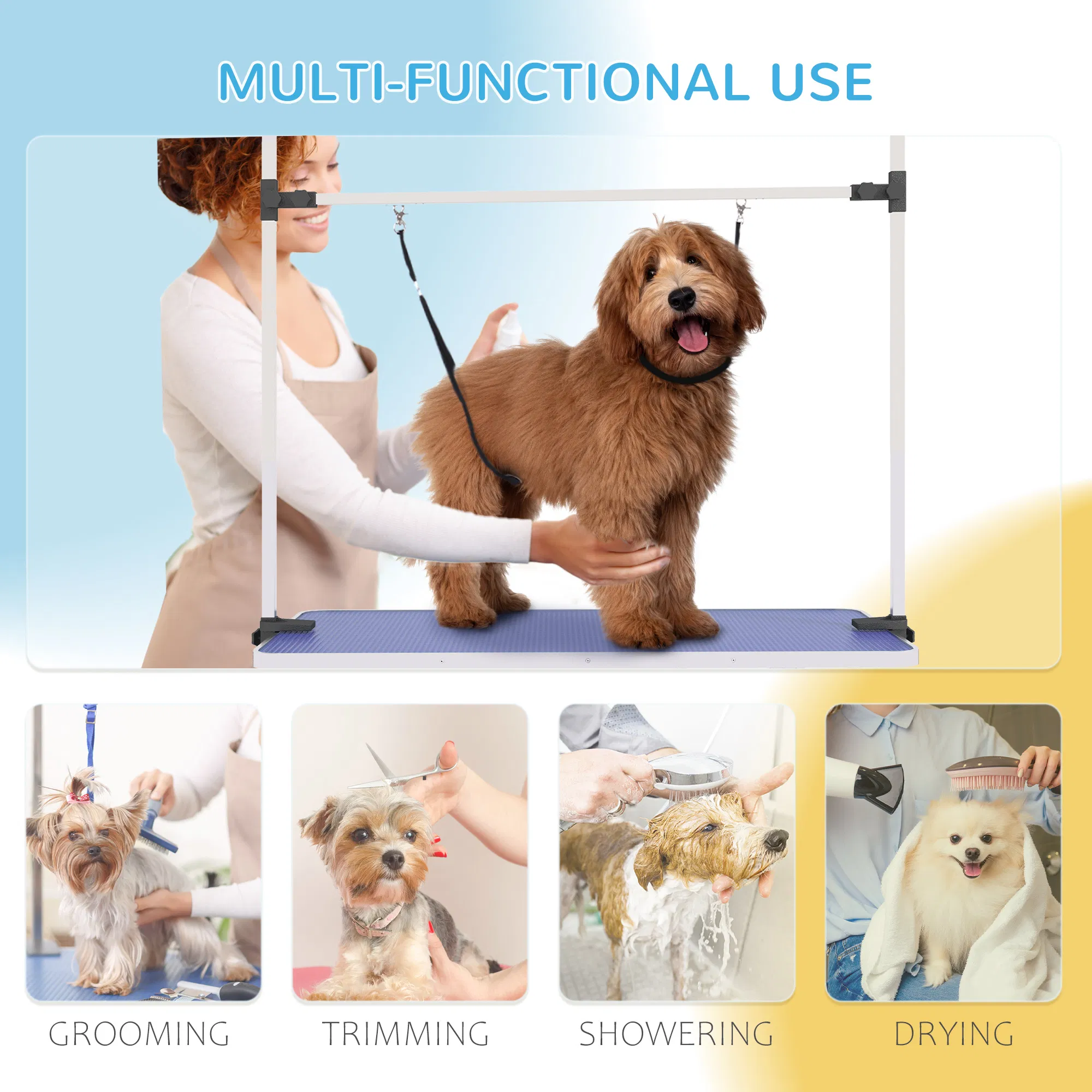 Adjustable Dog Grooming Table with 2 Safety Slings, Storage Basket, Blue photo 6