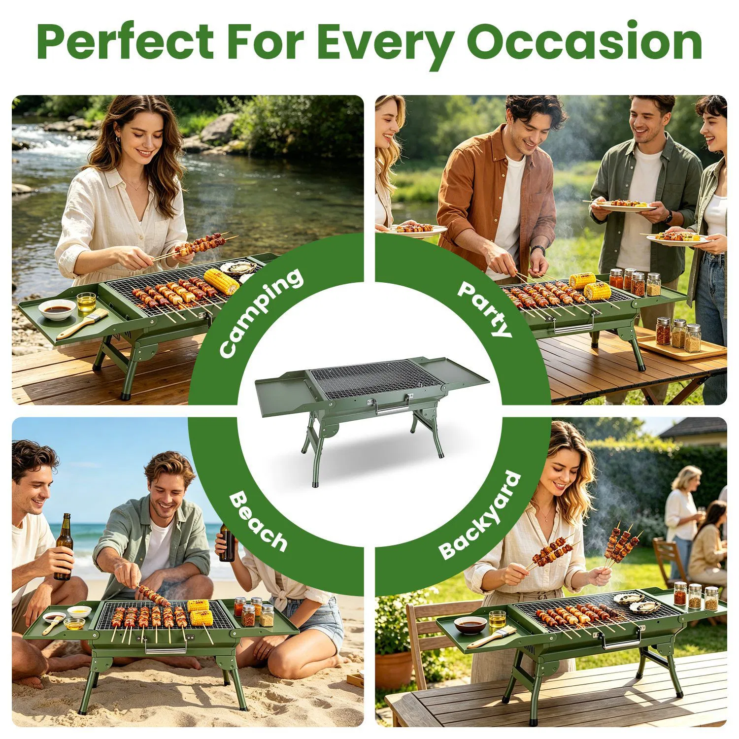 Foldable Charcoal Grill Portable BBQ Grill with Storage Shelf, Carry Handle, Air Vent Design, Chrome-Plated Grill Grate, 10 Skewers, Outdoor Barbecue Grill for Camping Picnic Backyard Travel photo 5