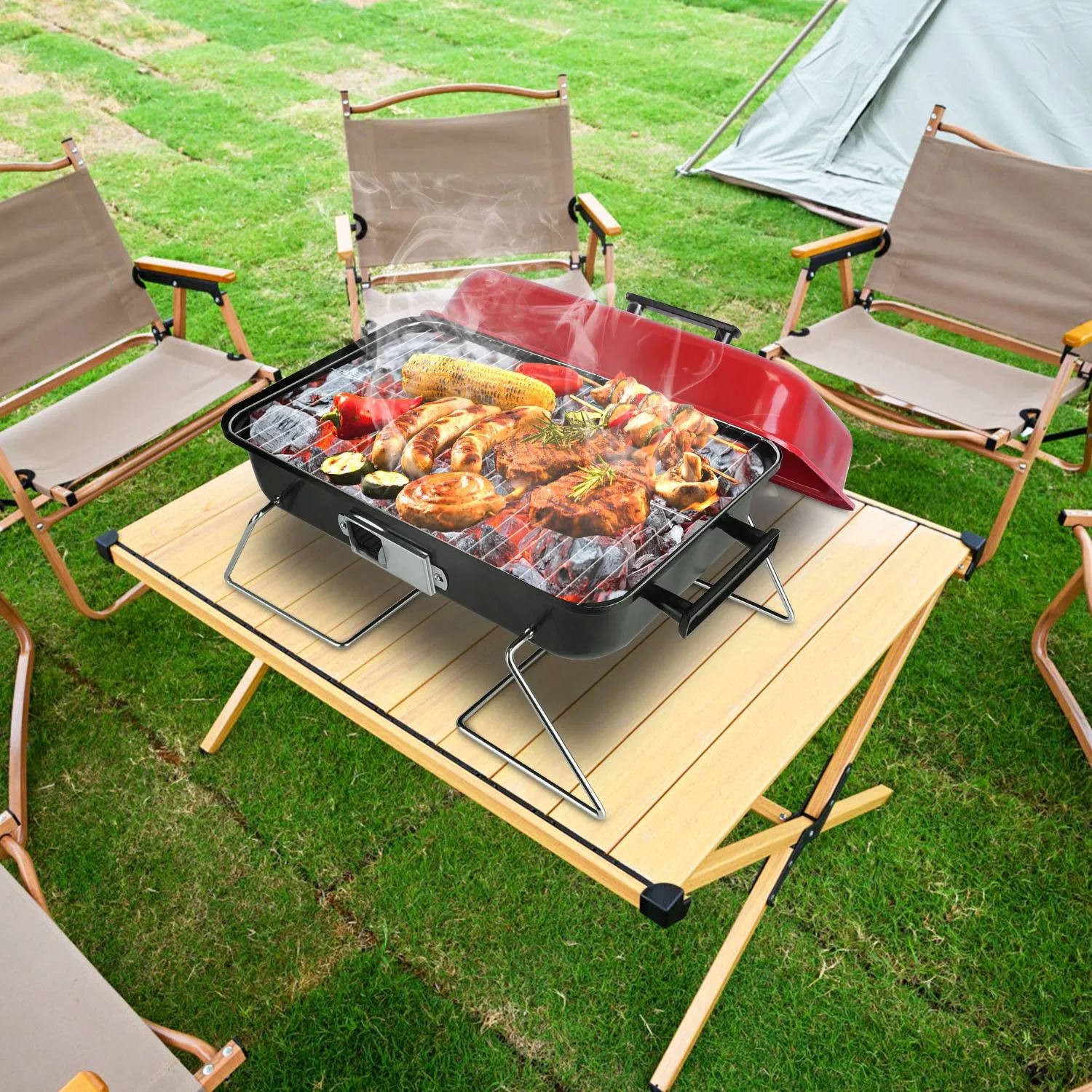 Portable Charcoal Grill Outdoor Tabletop Grill Small Barbecue Smoker Folding BBQ Grill with Lid for Backyard Camping Picnics Beach photo 4