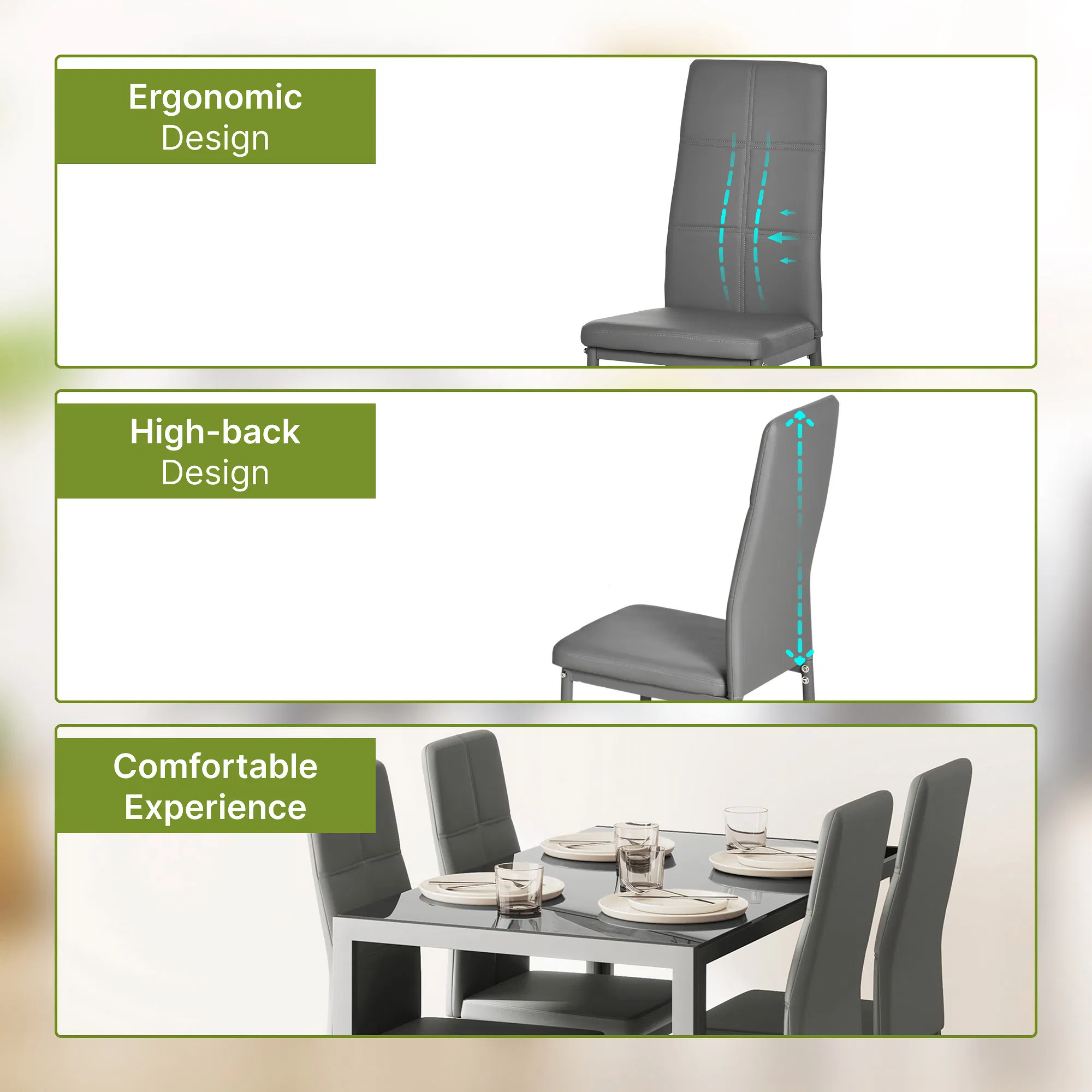 3-Piece Rectangular Glass Kitchen Table and Chairs with Metal Frame and Faux Leather Upholstery for Dining Room, Grey photo 2
