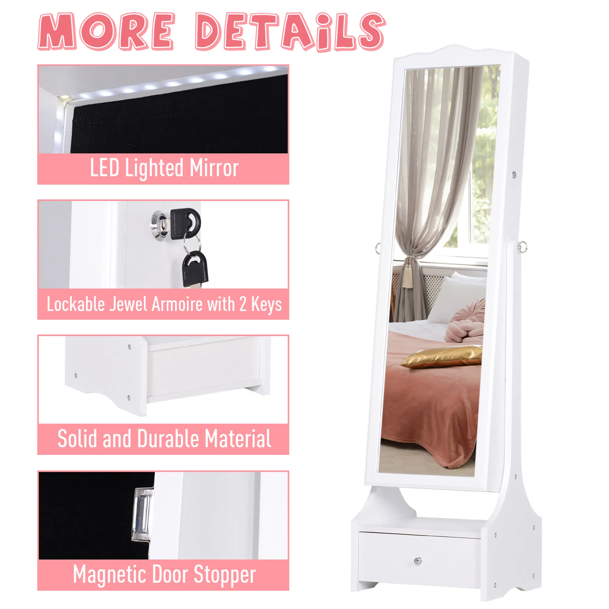 Standing Jewelry Armoire: With LED Lights, Full-Length Mirror, Adjustable Angle, White photo 3