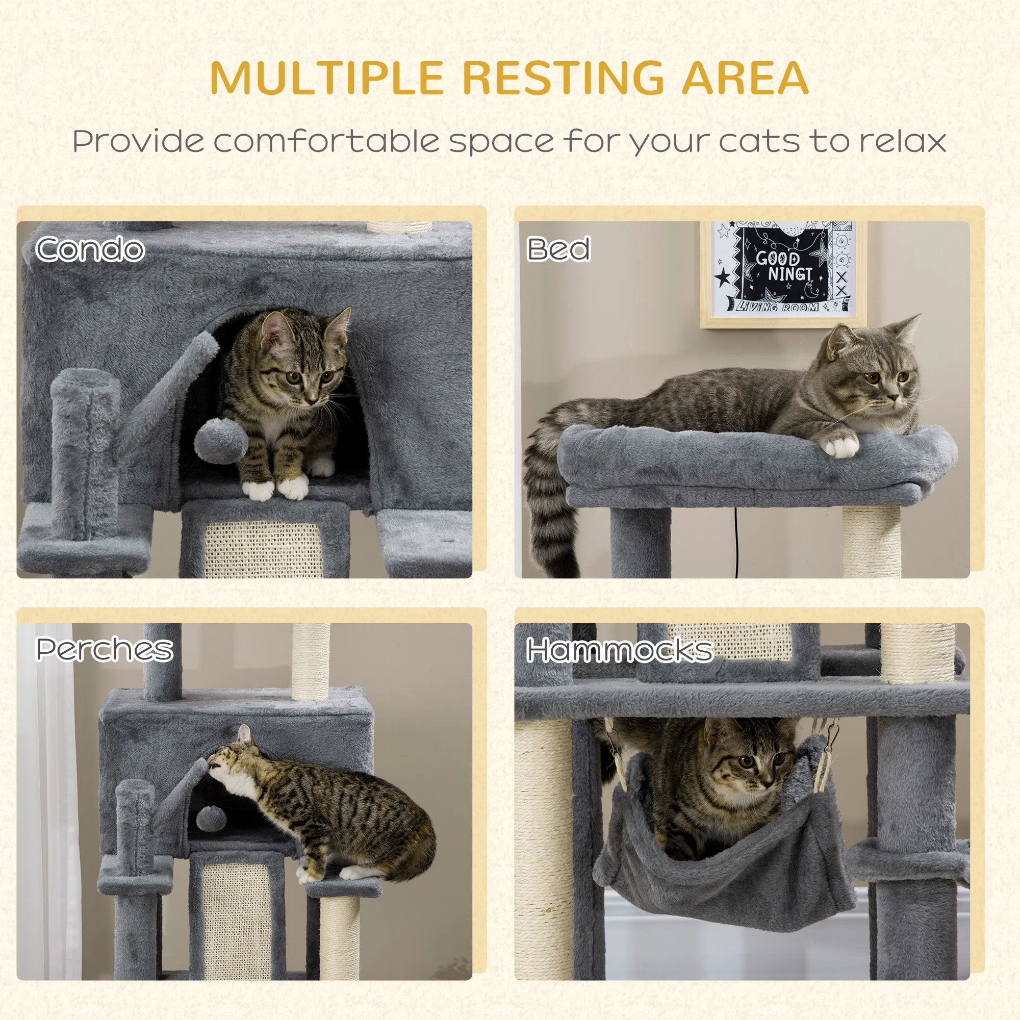55" Cat Tree for Indoor Cats, Cat Tower, Kitty Activity Center with Cat Bed Ramp Condo Hammocks Hanging Ball Toys Sisal Rope Scratching Post, Grey photo 4