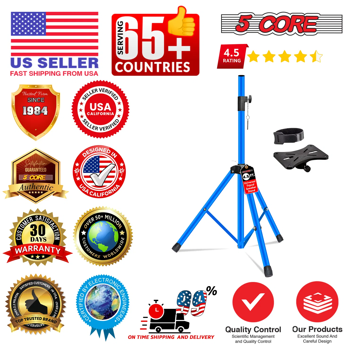 5 Core Speaker Stand Pair Adjustable 31 to 54" PA DJ Tripod Stands Heavy Duty w 35mm Add 132 Lbs photo 2