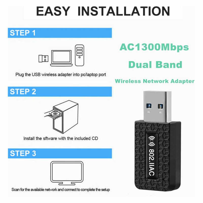 1300Mbps USB3.0 Wireless WiFi Adapter Dongle Dual Band 5G/2.4G Desktop Laptop PC photo 8