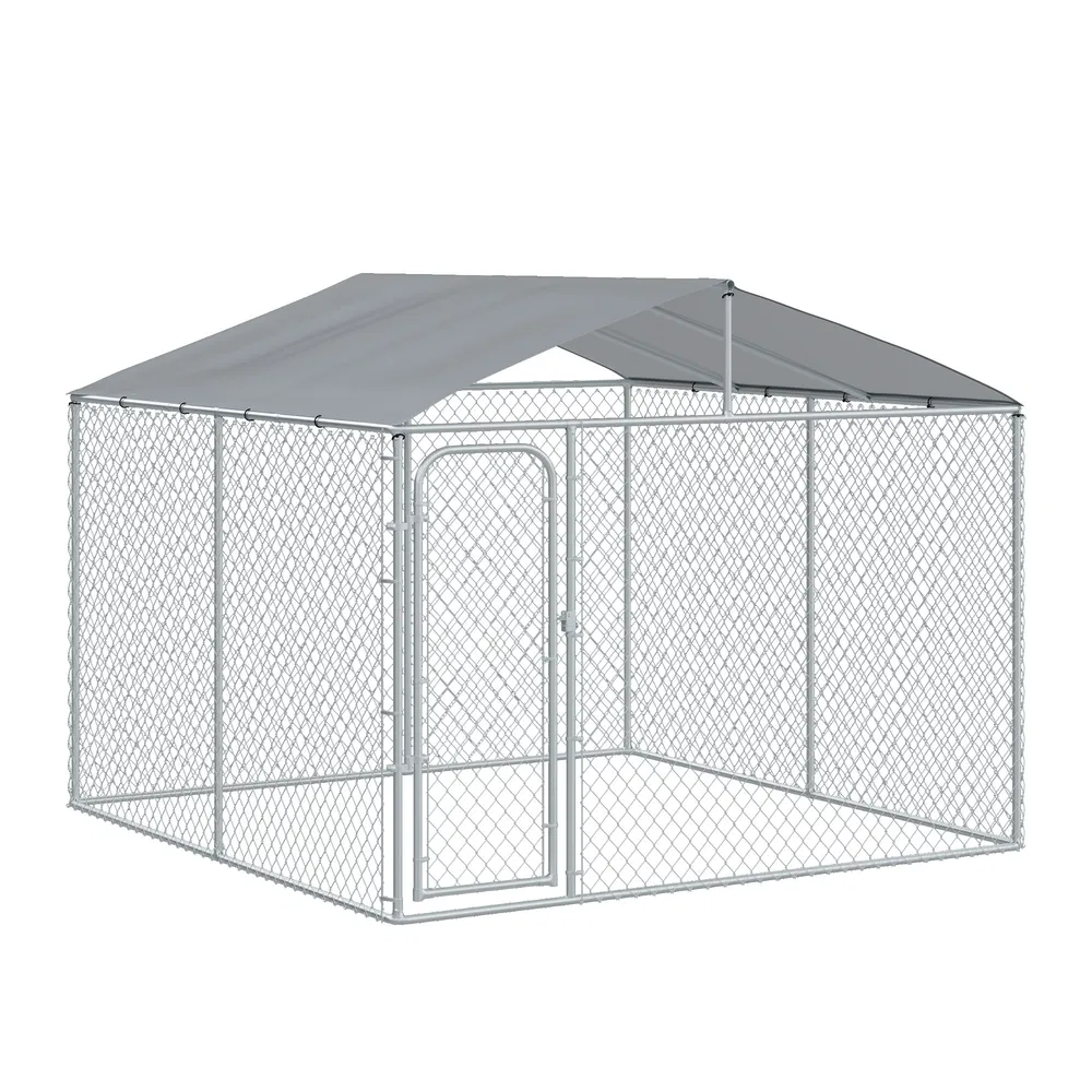 Dog Kennel Outdoor Run Fence with Roof, Steel Lock, Mesh Sidewalls for Backyard & Patio, 9.8' x 9.8' x 7.7' photo 7