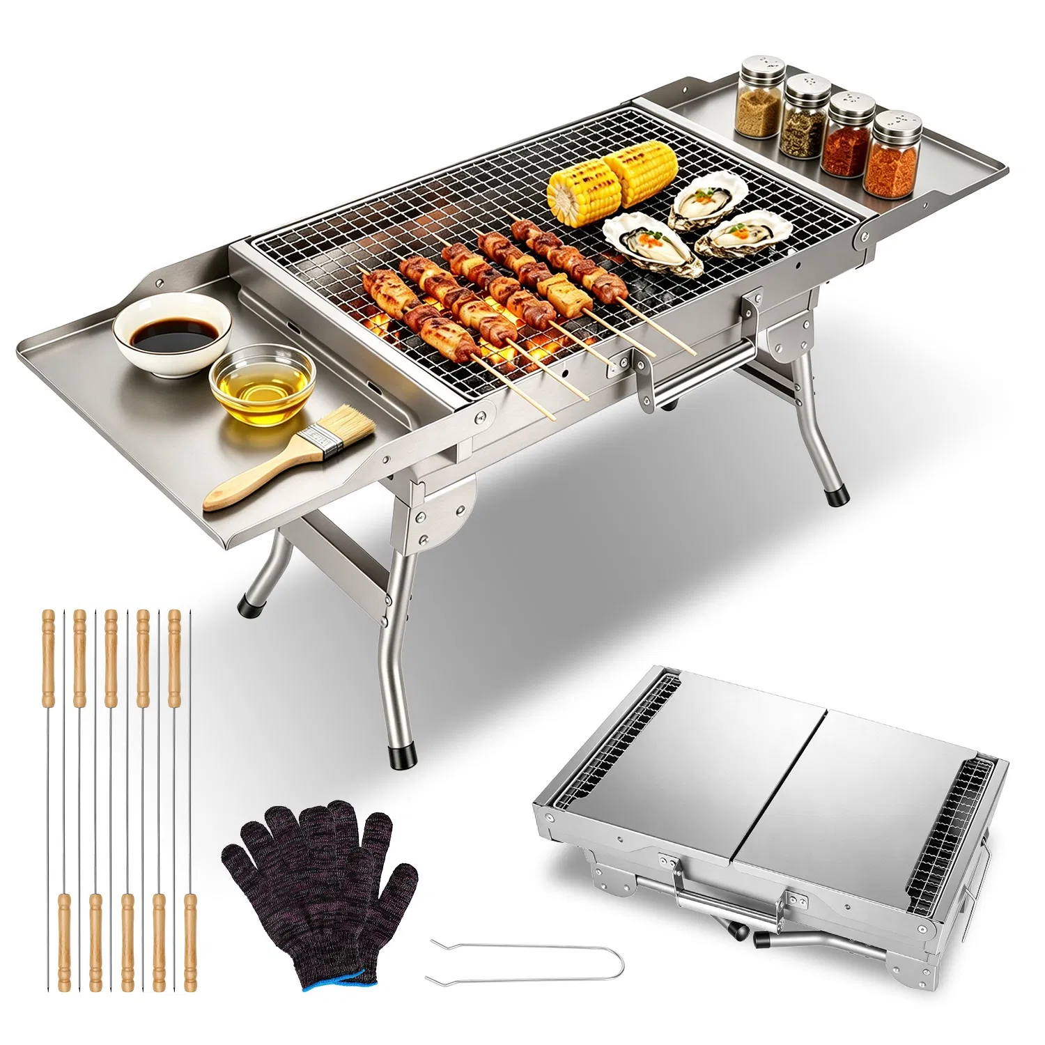 Foldable Charcoal Grill Portable BBQ Grill with Storage Shelf, Carry Handle, Air Vent Design, Chrome-Plated Grill Grate, 10 Skewers, Outdoor Barbecue Grill for Camping Picnic Backyard Travel photo 7