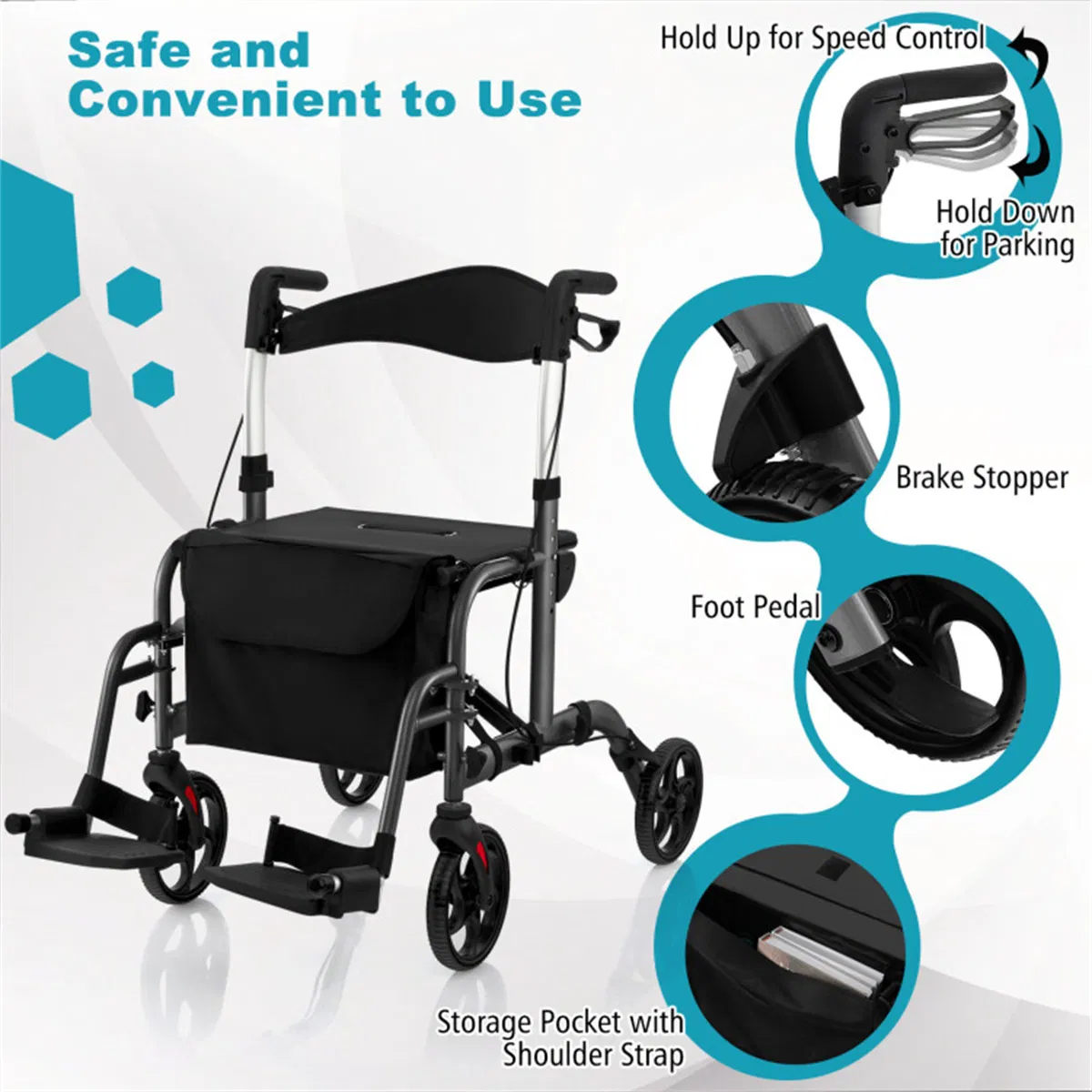 Foldable Rollator Walker with 8" Wheels Handbrake Storage Bag Cane Holder for Seniors & Rehabilitation Black photo 8