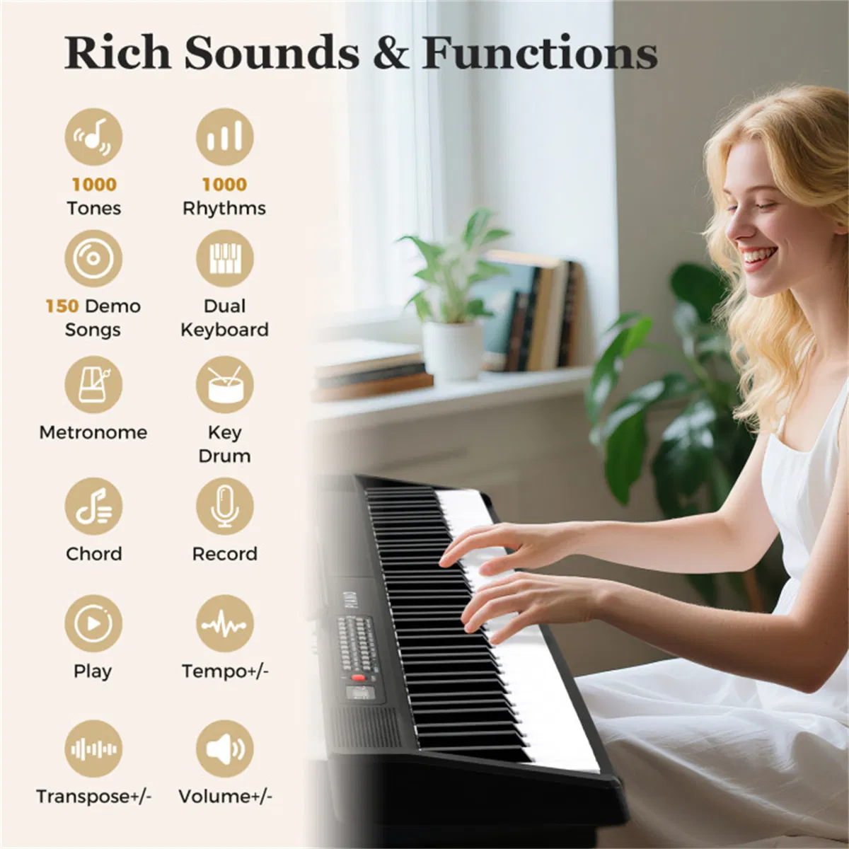 88-Key Semi-Weighted Foldable Digital Piano, 128.27×22.86×5.08 cm Light-Up Keys Keyboard with 3 Teaching Modes for Beginners, Black & White photo 7