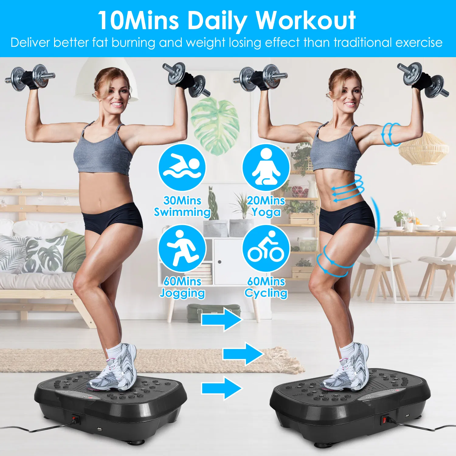Whole Body Vibration Plate Exercise Machine 1–120 Speed Levels with 2 Resistance Bands, Touch & Remote Control Vibration Platform with Bluetooth USB Music Play for Home Fat Loss Workout photo 3