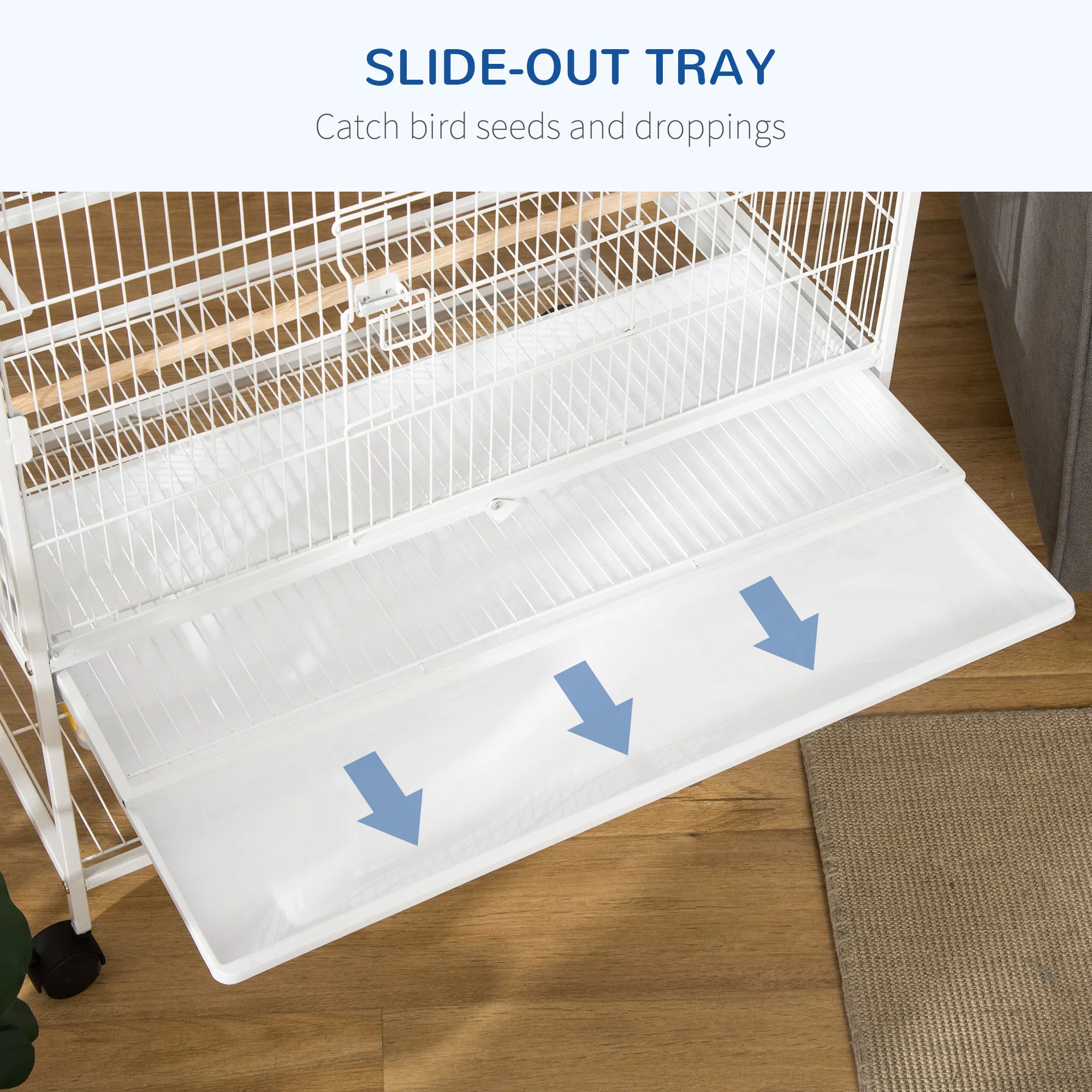 52" Large Rolling Steel Bird Cage Bird House with Rolling Stand, Storage Shelf, Wood Perch, Food Container, White photo 4