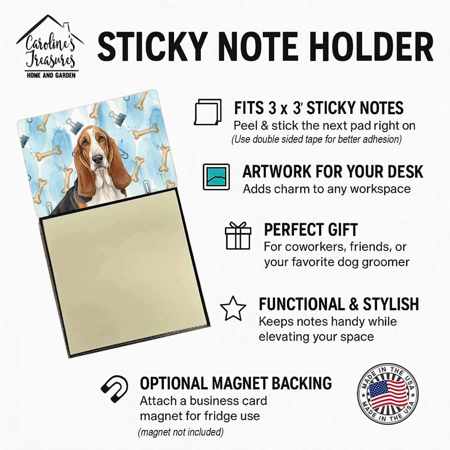 Tricolor and White Basset Hound Coworker Watercolor Sticky Note Holder Refillable Dispenser Desk Accessory 3x3 Pad Gift photo 3