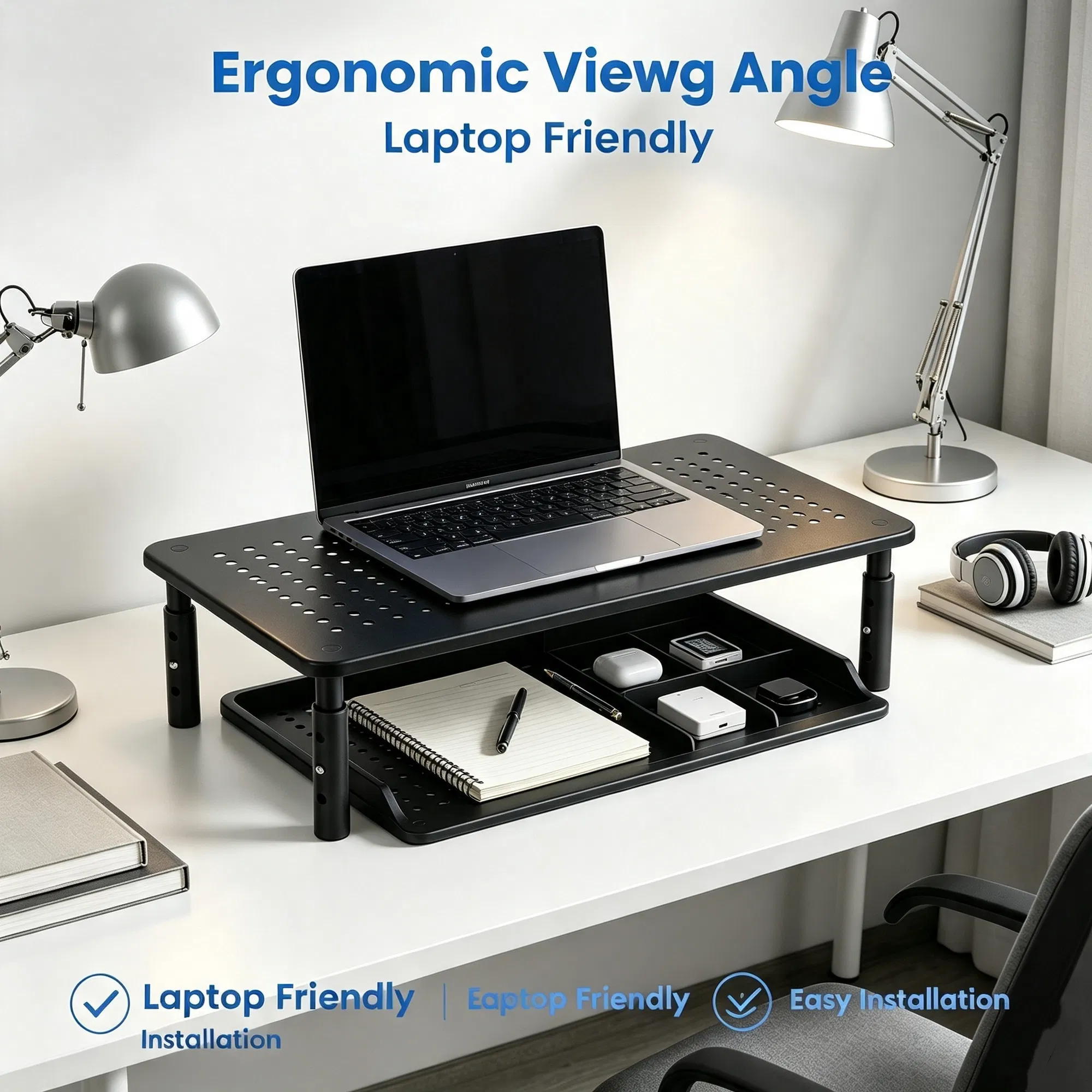3-Level Adjustable Computer Monitor Stand, Metal Mesh Ventilated Riser, 44 Lbs Max Load, Easy Assembly for Home Office Desktop Use photo 1