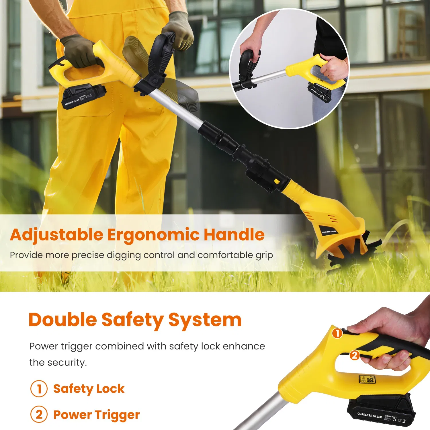 20V Cordless Tiller Cultivator, 250RPM Electric Garden Tiller Depth Garden Rototiller for Lawn/Gardening/Soil Cultivation photo 2