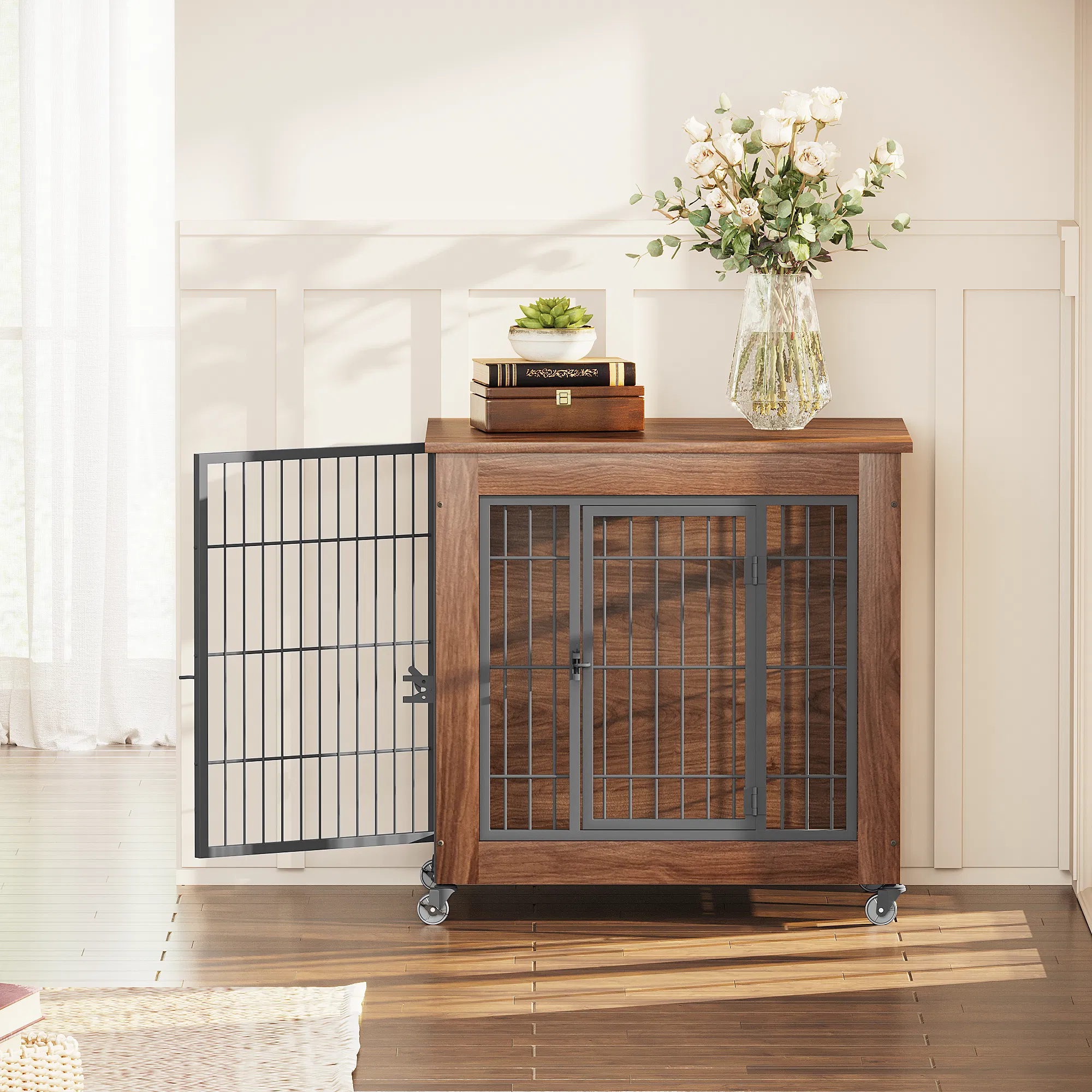 27.2" Dog Crate Furniture with Wheels for Small Dogs, Heavy Duty Dog Kennel Indoor with 2 Doors, Wooden Pet Cage End Table, Double-Doors Sturdy Metal Dog Cage for Anxiety Dog photo 1