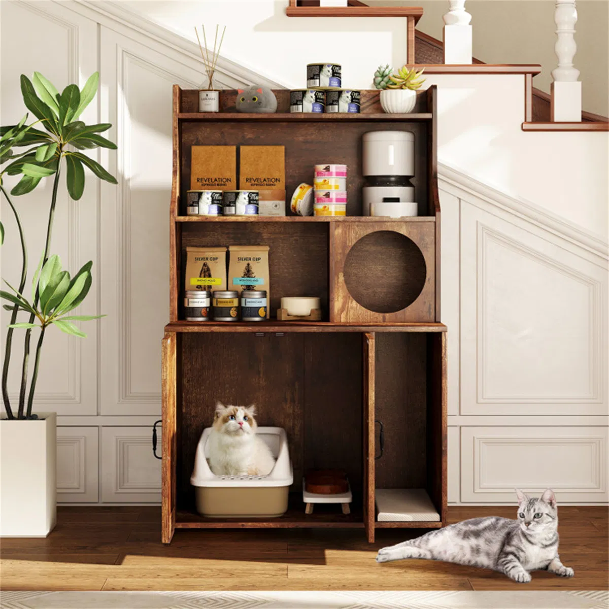 Wooden Hidden Cat Litter Box Enclosure with Storage Shelves Anti-Toppling Design Industrial Style Brown photo 5
