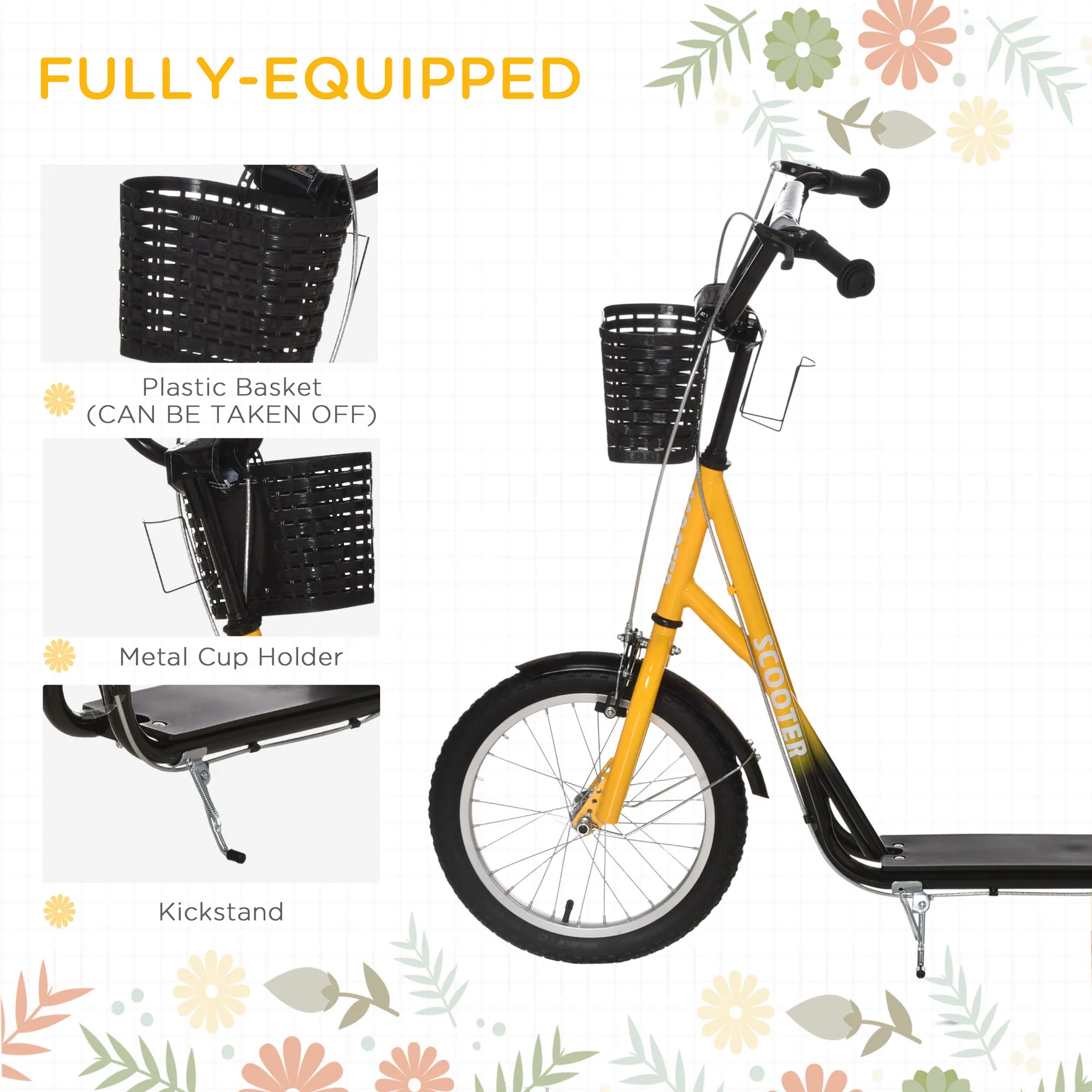 Kick Scooter with Adjustable Handlebar, Kids Scooter with 2 Brakes Basket Cupholder 16" Inflatable Rubber Tyres Orange photo 6