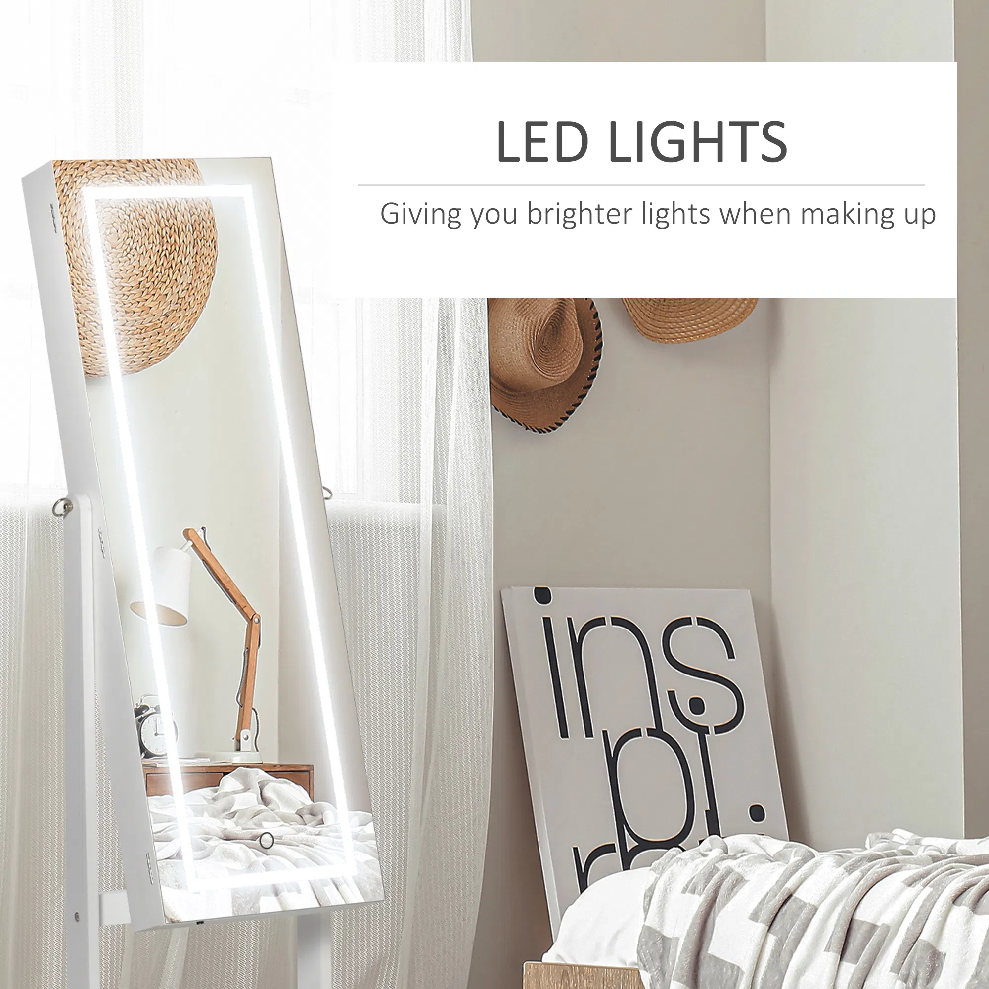Lockable Jewelry Cabinet: With LED Light, Full-Length Mirror for Bedroom, Dressing Room, White photo 3