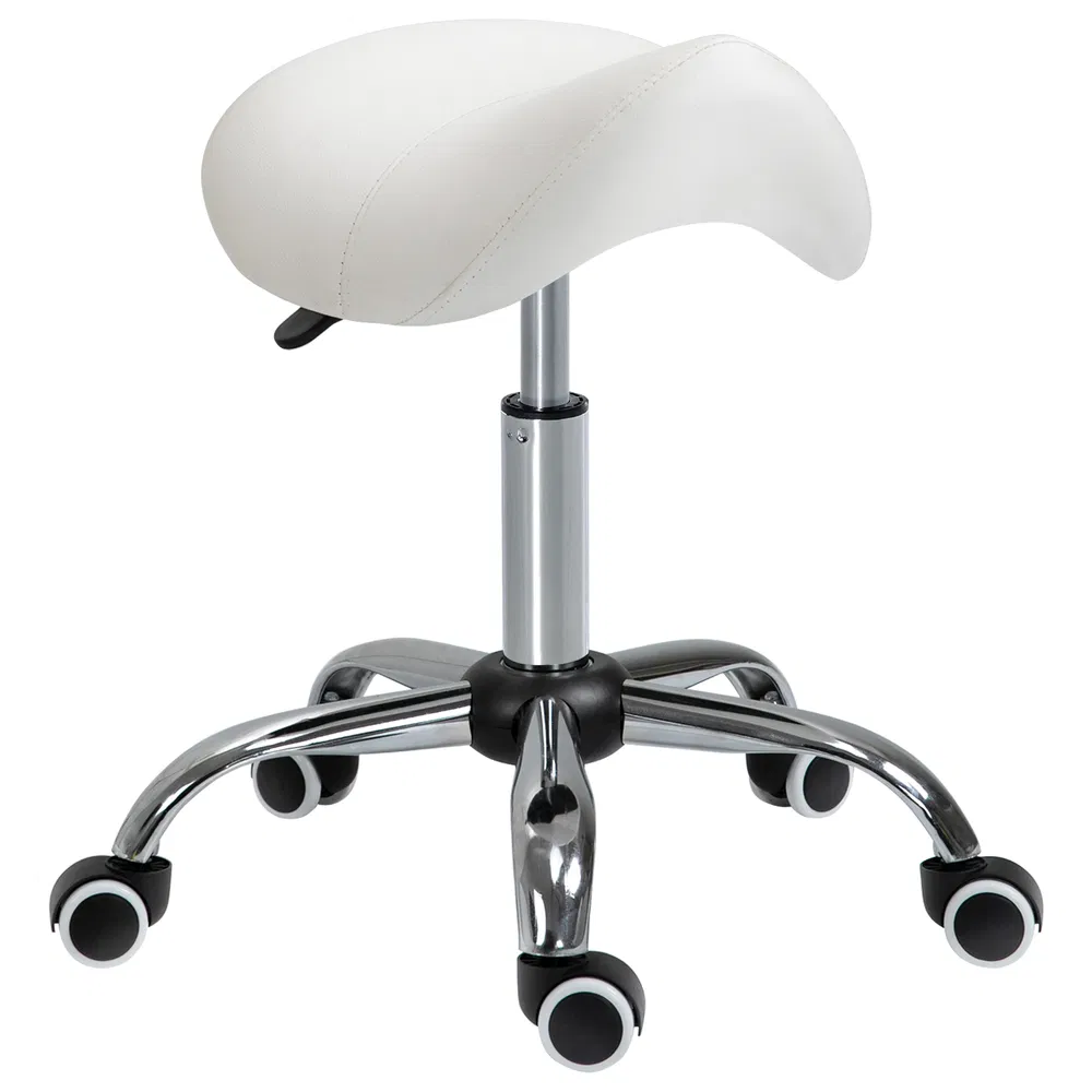 Cream White Rolling Salon Stool: Adjustable Hydraulic Swivel Saddle Chair, PU Leather Spa Beauty Seat photo 7