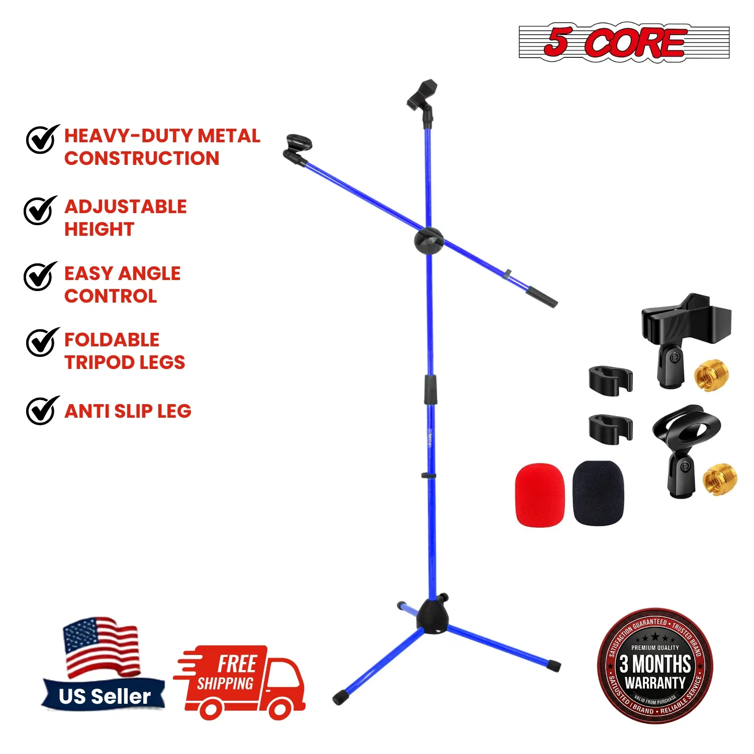 5 Core Mic Stand Floor Height Adjustable Tripod Microphone Stands w Extending Telescoping Boom Arm - MS DBL G photo 2