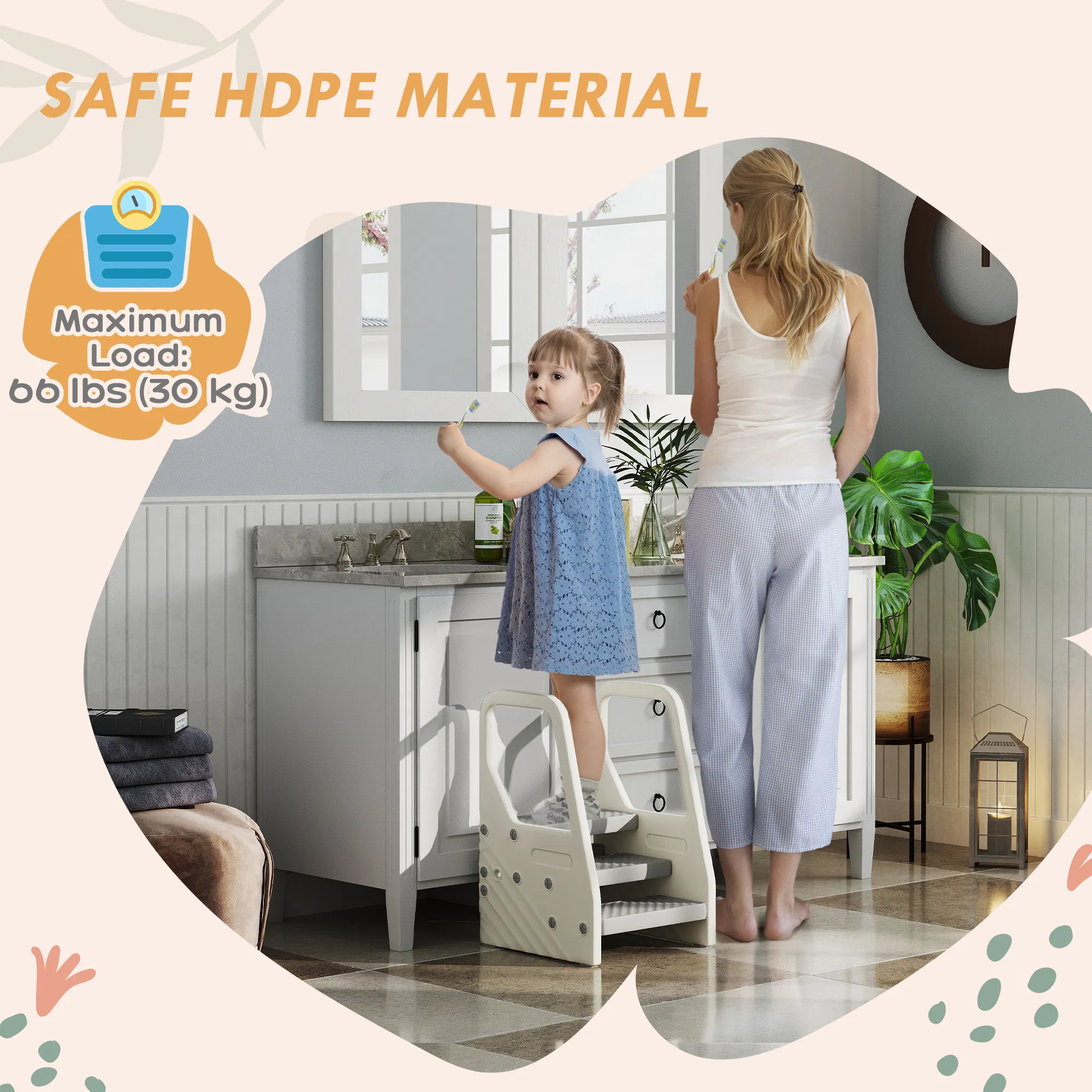 Adjustable Height Toddler Step Stool with Handle & Foot Pads, Grey photo 2