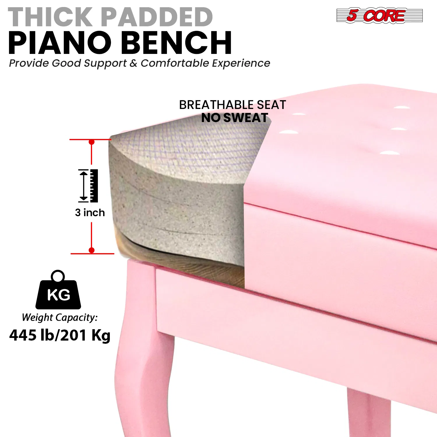 5 Core Piano Bench Wooden Height Adjustable Stool Heavy Duty Keyboard Seat with Storage photo 2