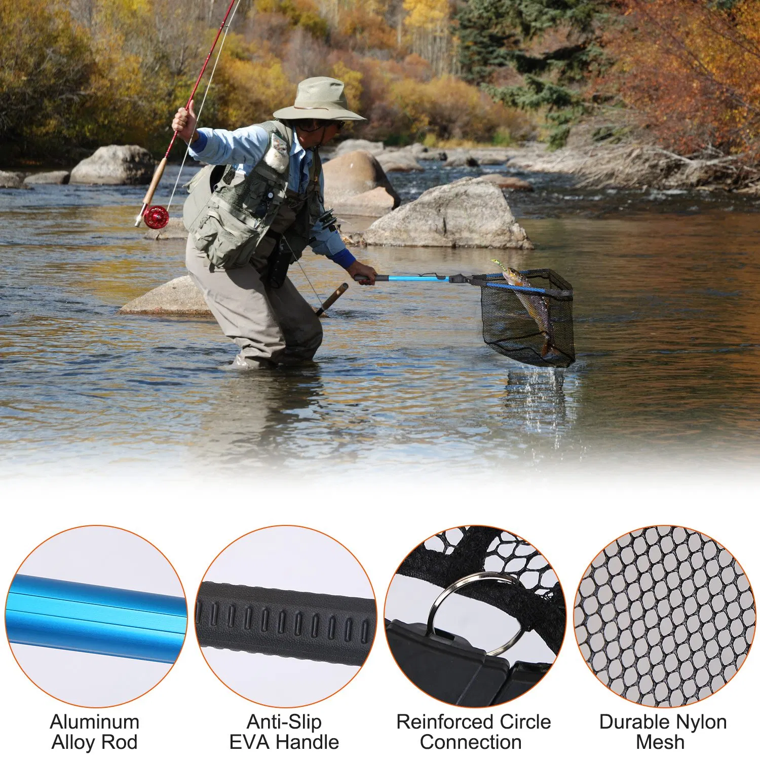 Foldable Fishing Net With Aluminum Alloy Rod EVA Handle Durable 5MM Hexagonal Nano Coating Nylon Mesh Collapsible Landing Net Safe Fish Catching or Releasing photo 2