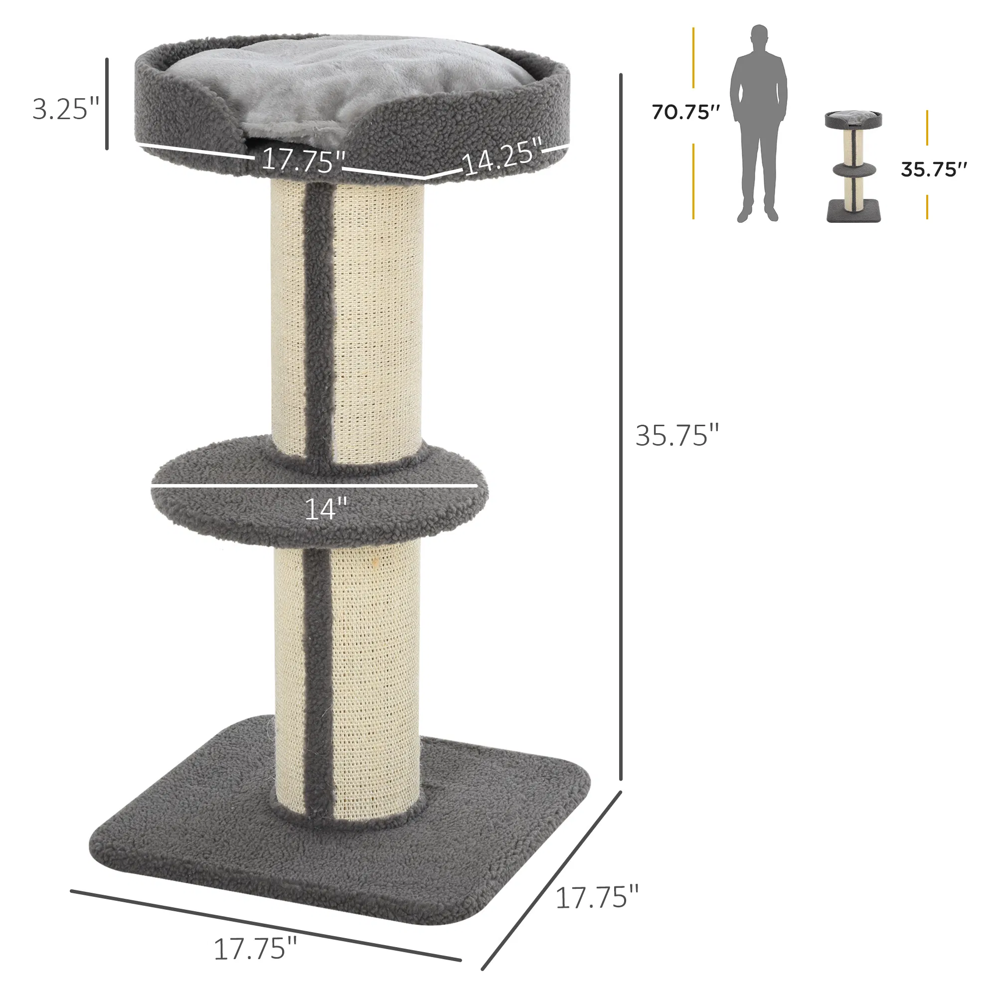 Cat Tree Kitty Tower with Sisal Mat Scratching Post, Cat Bed, Cushion, Perch, 18" x 18" x 36", Grey photo 3