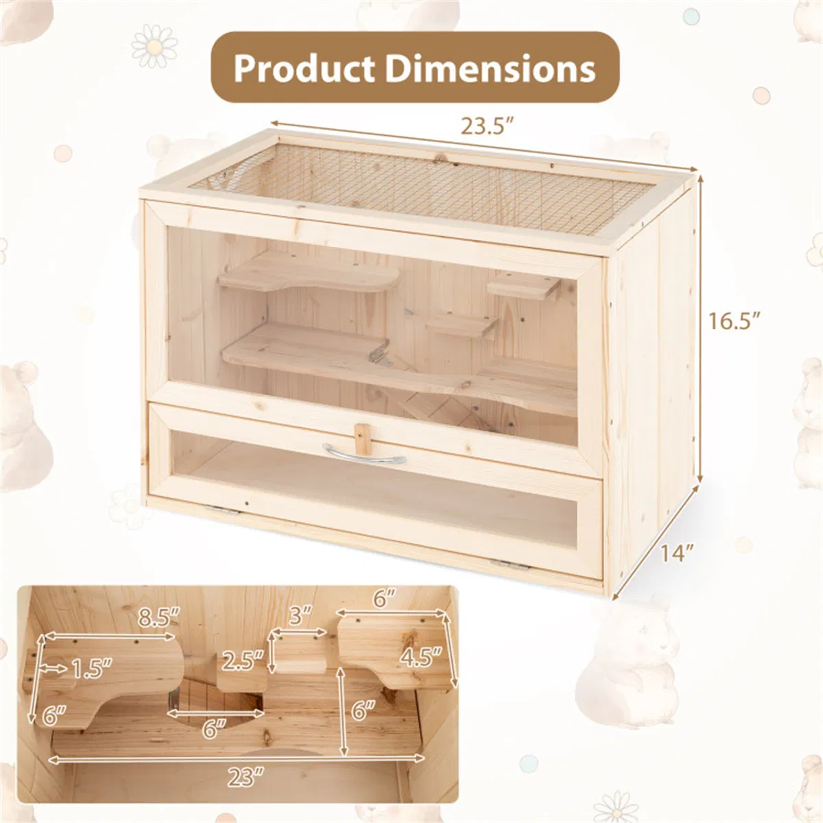 Fir Wood Hamster Cage with Flip Roof, Multi-Ladder Activity Areas for Guinea Pigs Hedgehogs photo 5