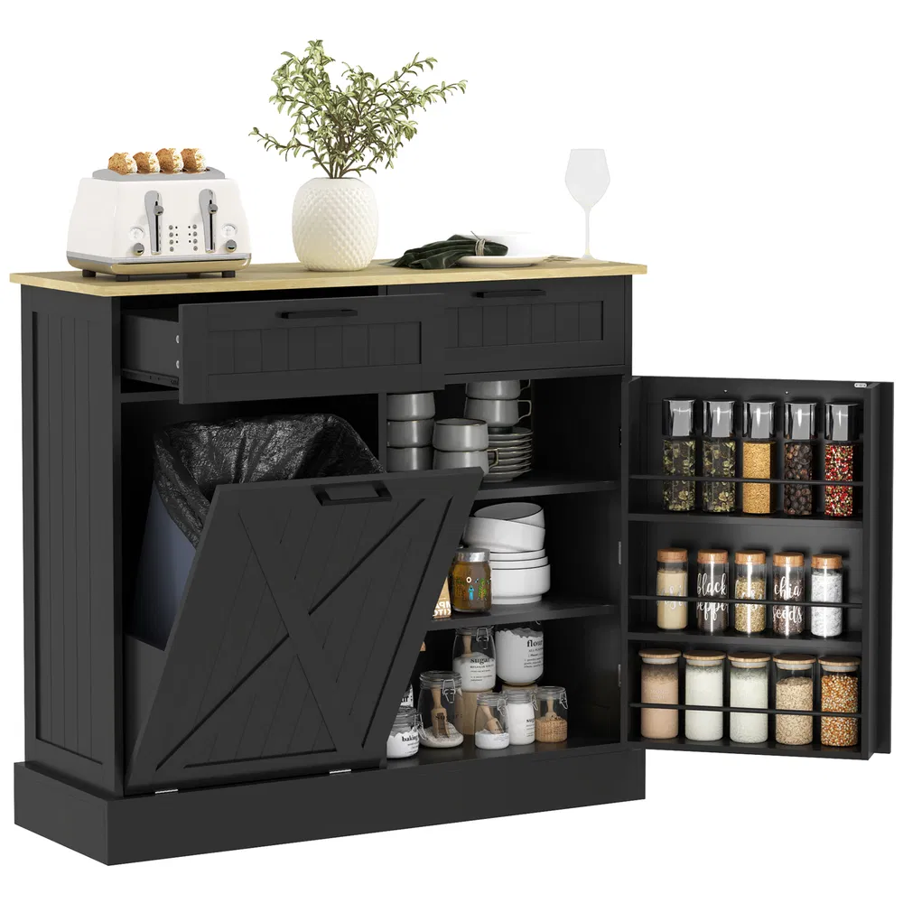 10 Gallon Hidden Garbage Bin Cabinet, Tilt Out Trash Cabinet w/ 2 Drawers, Freestanding Kitchen Island, Black photo 7