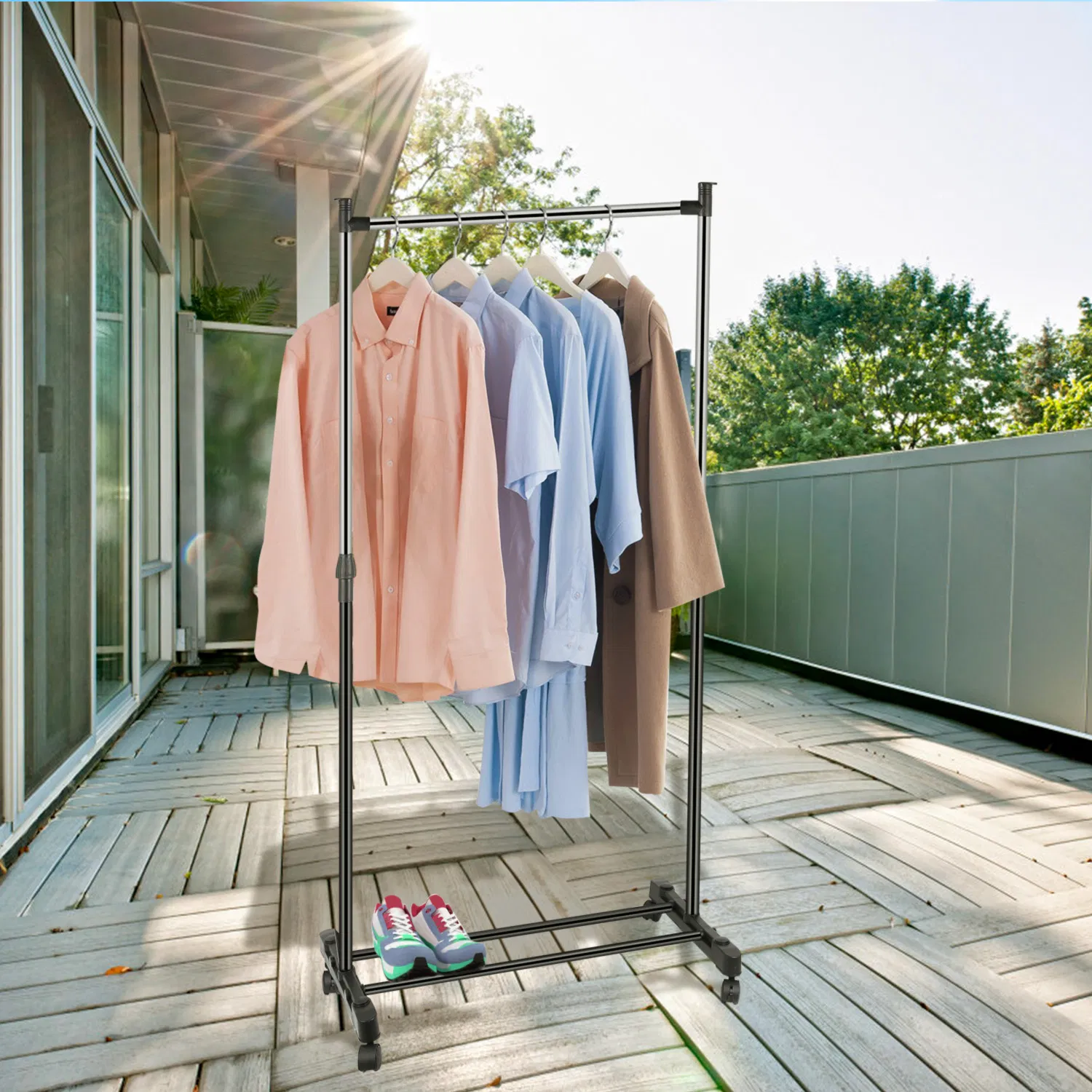15kg/33lbs Garment Racks 3.12ft-4.80ft Height Adjustable Clothes Stand Foldable Clothes Hanger w/ Wheels Storage Shelf For Dormitory Home photo 5
