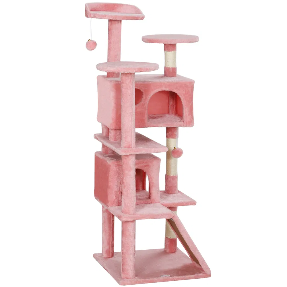 54" Cat Tree, Multi-Level Cat Tower with Scratching Posts, Cat Condos, Bed, Platforms, Ramp, Toy Ball, Pink photo 7