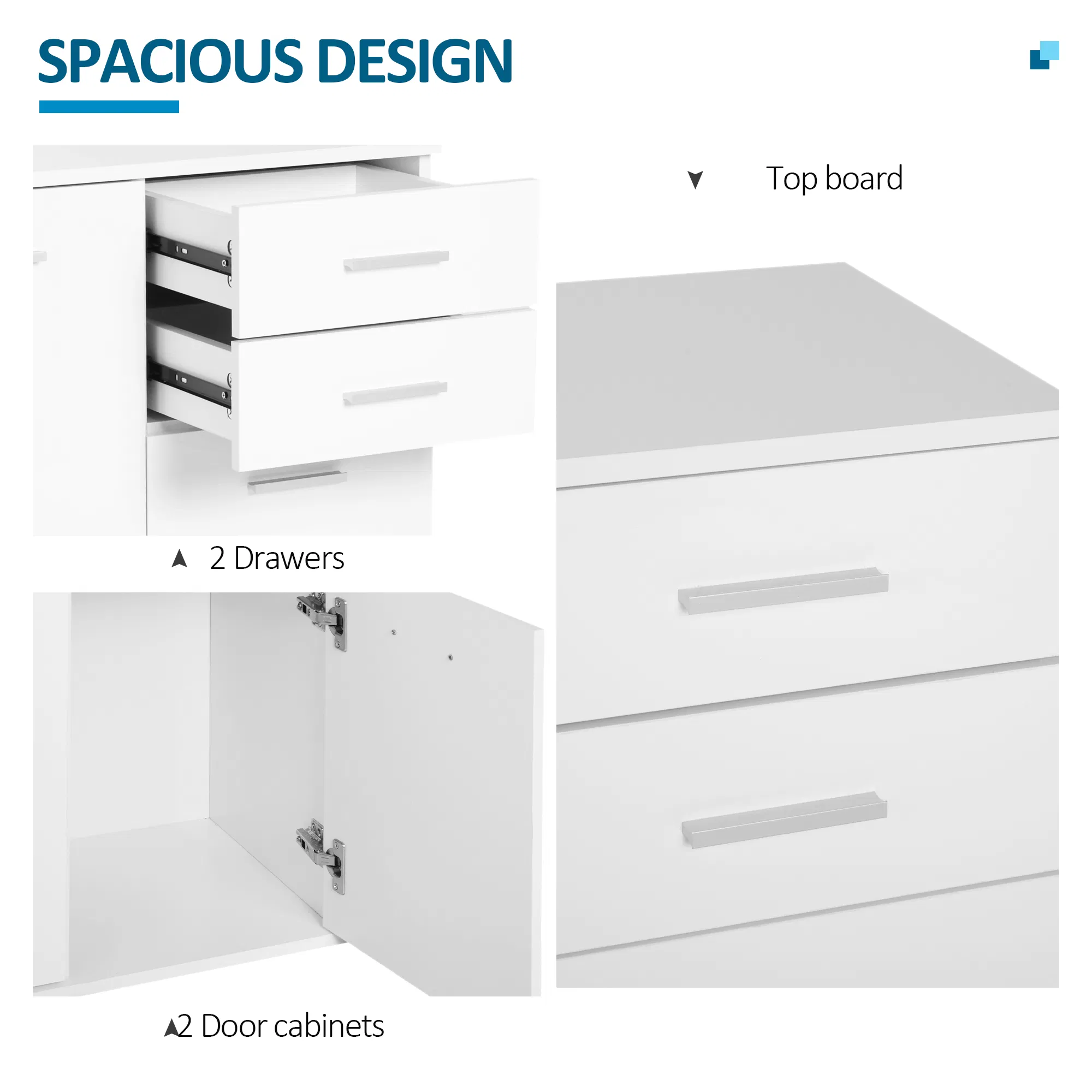 High Gloss Sideboard with 2 Drawers and 2 Doors, Buffet Cabinet with Adjustable Shelf, Coffee Bar Cabinet with Storage, White photo 4
