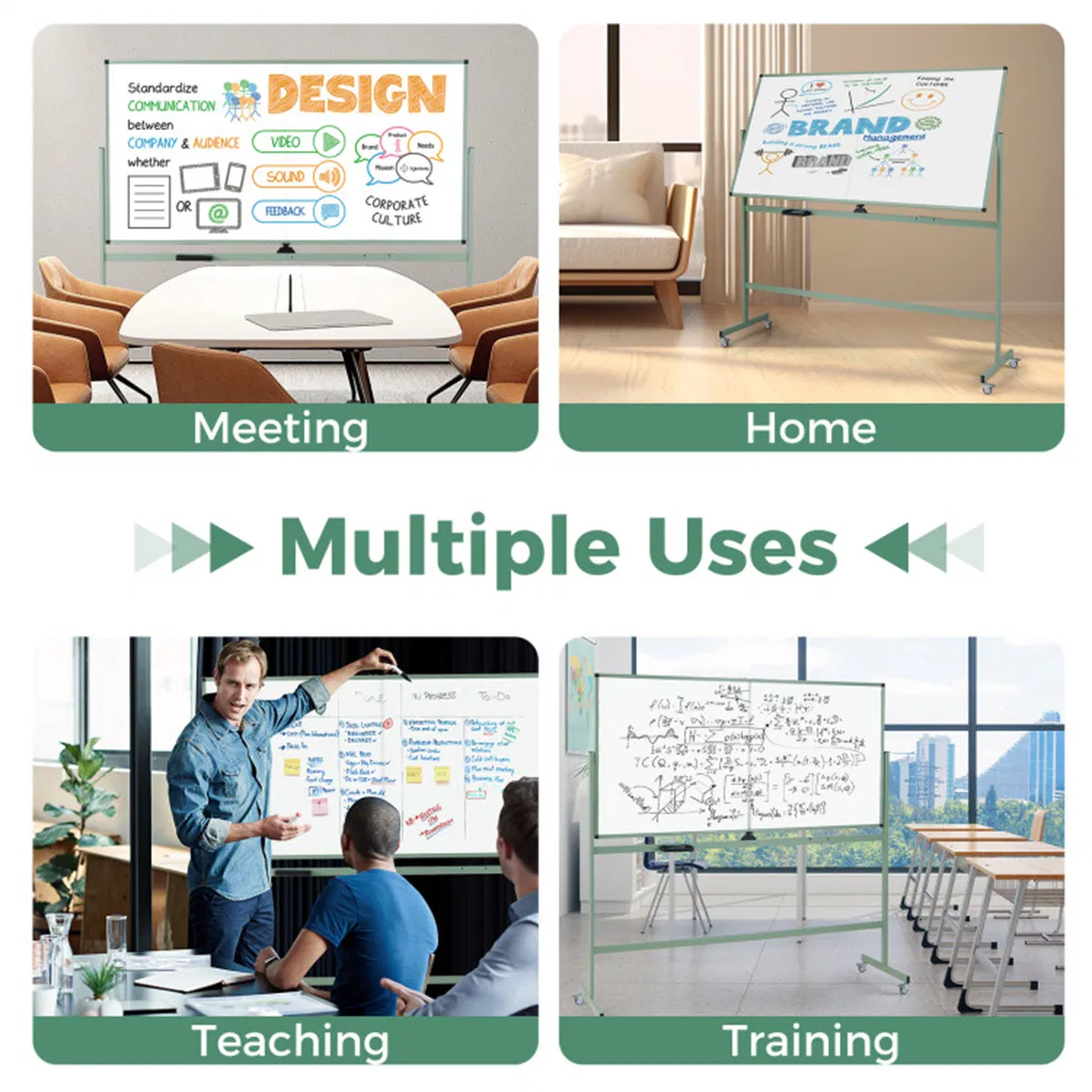 360° Rotating Double-Sided Magnetic Whiteboard, 182.88×91.44cm Writing Surface Mobile Dry Erase Board with Casters, Green photo 3