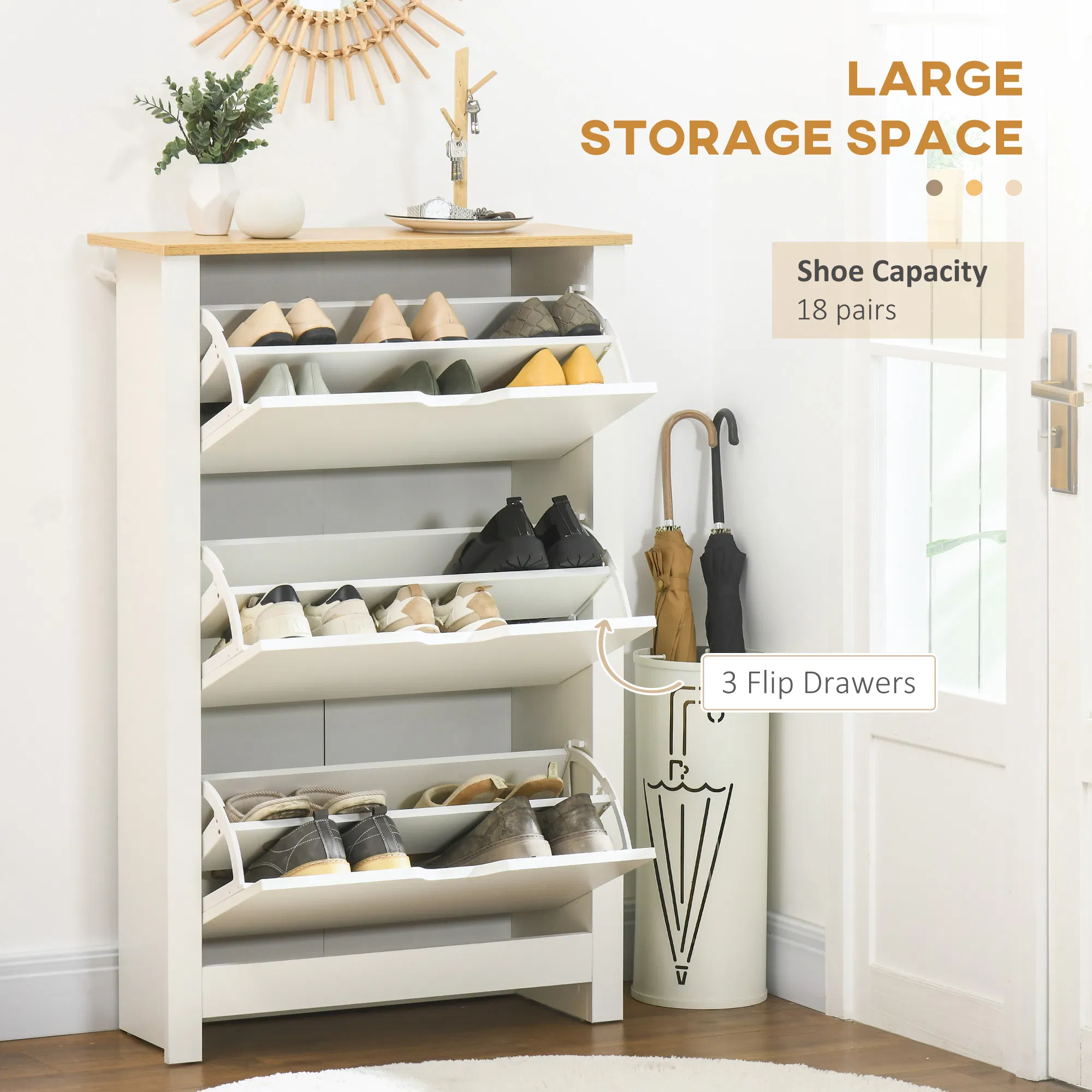Shoe Storage Cabinet with 3 Flip Drawers and Adjustable Shelves for 9-18 Pairs of Shoes, White photo 4