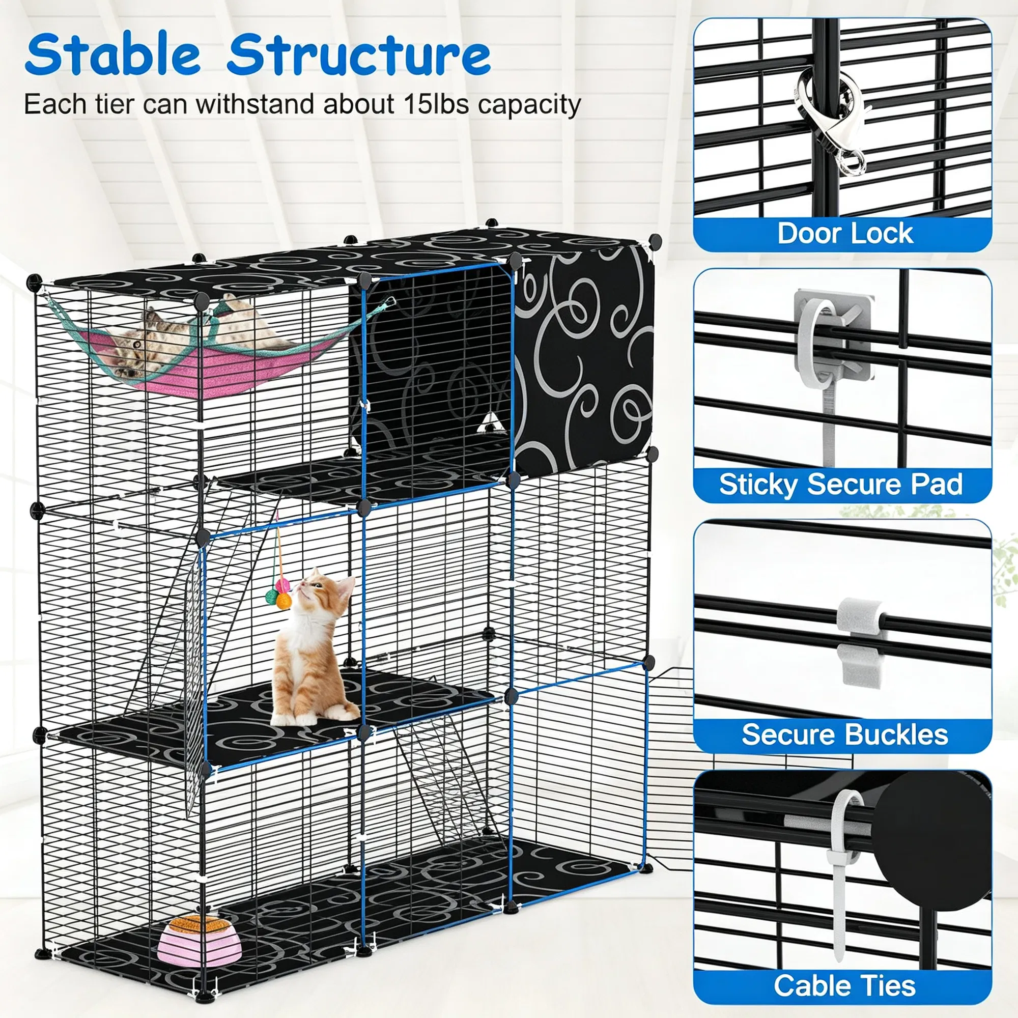 3-Level Metal Cat Cage Enclosure, Modular Pet Habitat with 3 Doors, 2 Ladders, Plush Hammock and Toy Ball for Small Indoor Animals photo 6