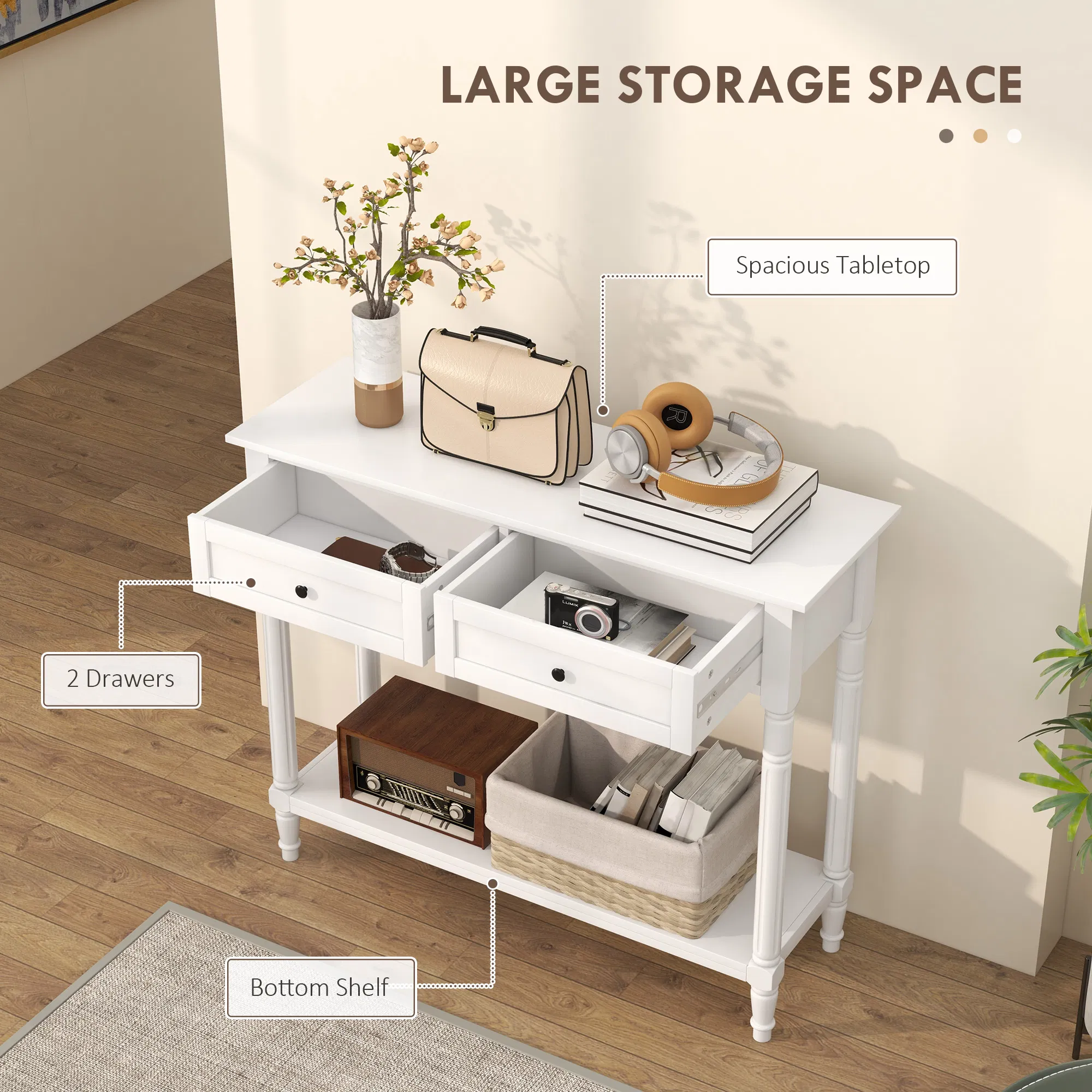 Hallway Console Table, Modern Entryway Table with 2 Drawers, Storage Shelf, Turned Legs for Living Room, Bedroom, White photo 2