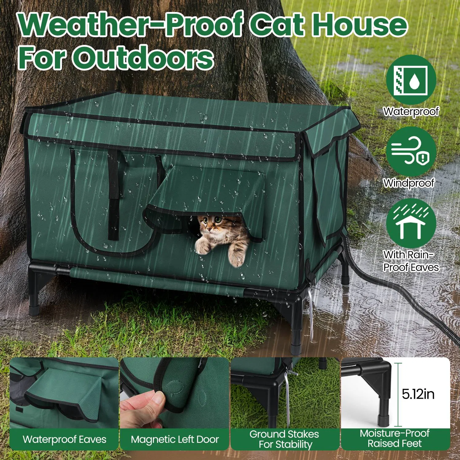 Waterproof Heated Cat House Outdoor Weatherproof Insulated Kitty Shelter Feral Cat Heating Bed with Heating Pad Anti-Chew Cord 2 Doors 3 Windows for Indoors Outdoors Winter Summer photo 2