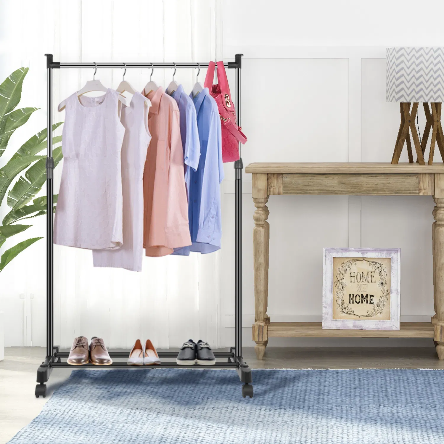 15kg/33lbs Garment Racks 3.12ft-4.80ft Height Adjustable Clothes Stand Foldable Clothes Hanger w/ Wheels Storage Shelf For Dormitory Home photo 1