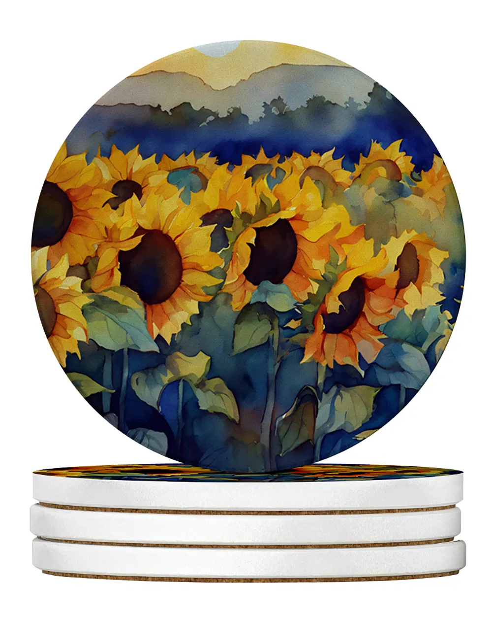 Sunflowers in Watercolor Large Sandstone Coasters Pack of 4 Absorbent Round Coasters Decor Gifts for Men or Women, 4 in, Multicolor photo 1