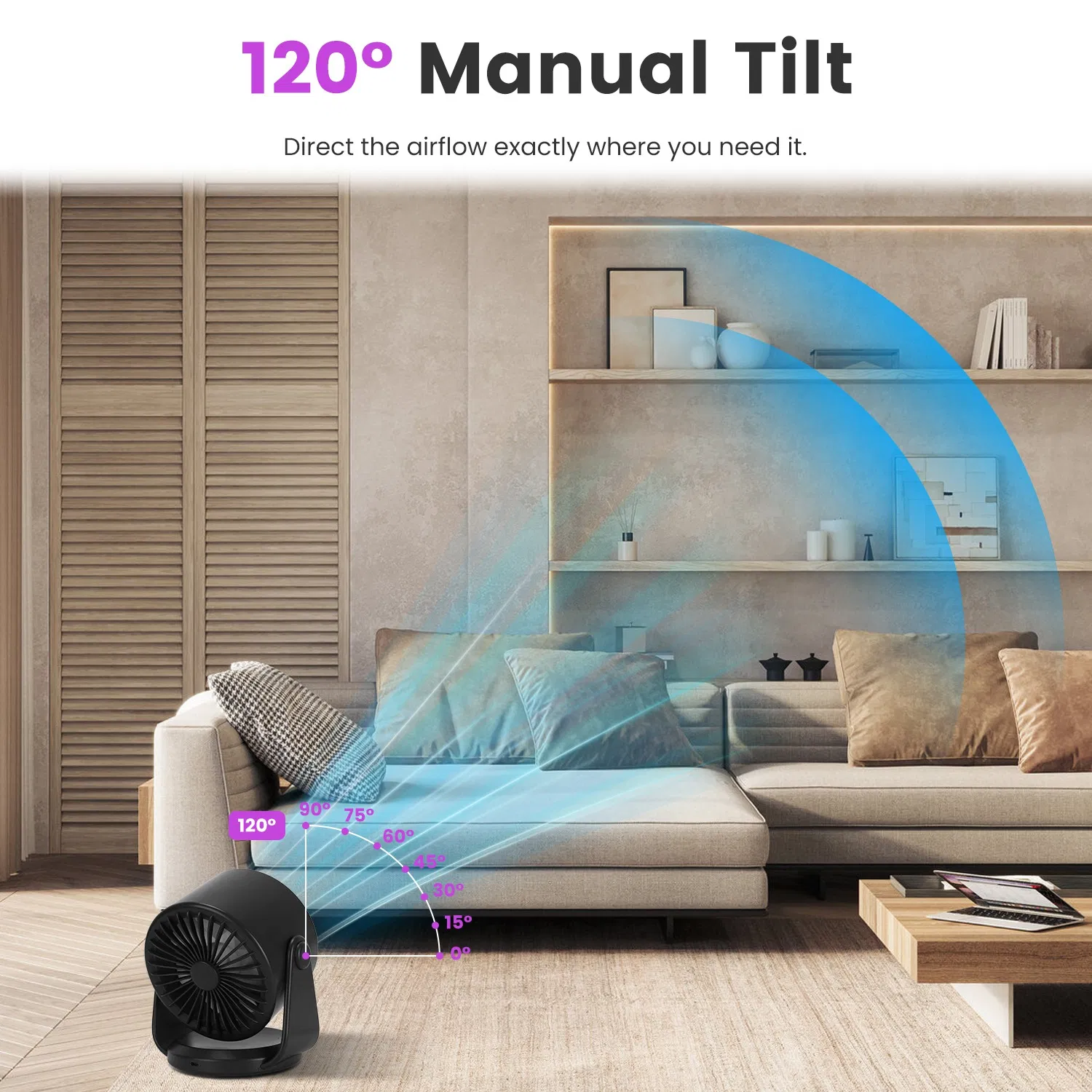 Multi-Speed Personal Desk Fan 100 Adjustable Airflow Levels LCD Control Panel, 120° Manual Tilt Stand & Wall Mount Support USB Rechargeable Portable Fan photo 7